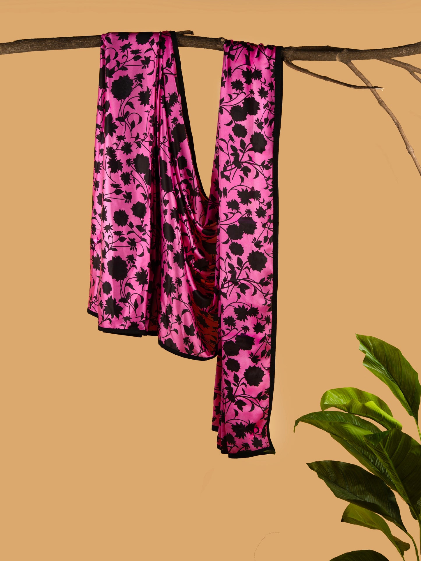 Stylish Pink and Black Floral Pattern with Black Border READY TO WEAR Satin Saree