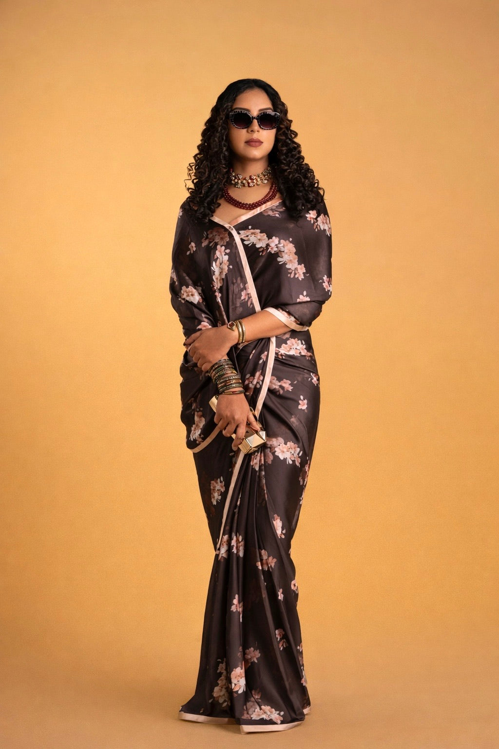 Dark Brown And Peach Floral Pattern with Peach Border READY TO WEAR Satin Saree