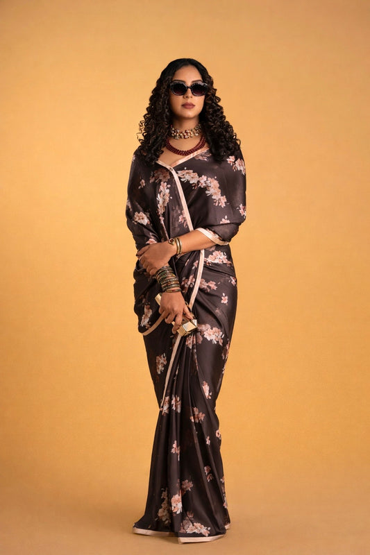 Dark Brown And Peach Floral Pattern with Peach Border READY TO WEAR Satin Saree