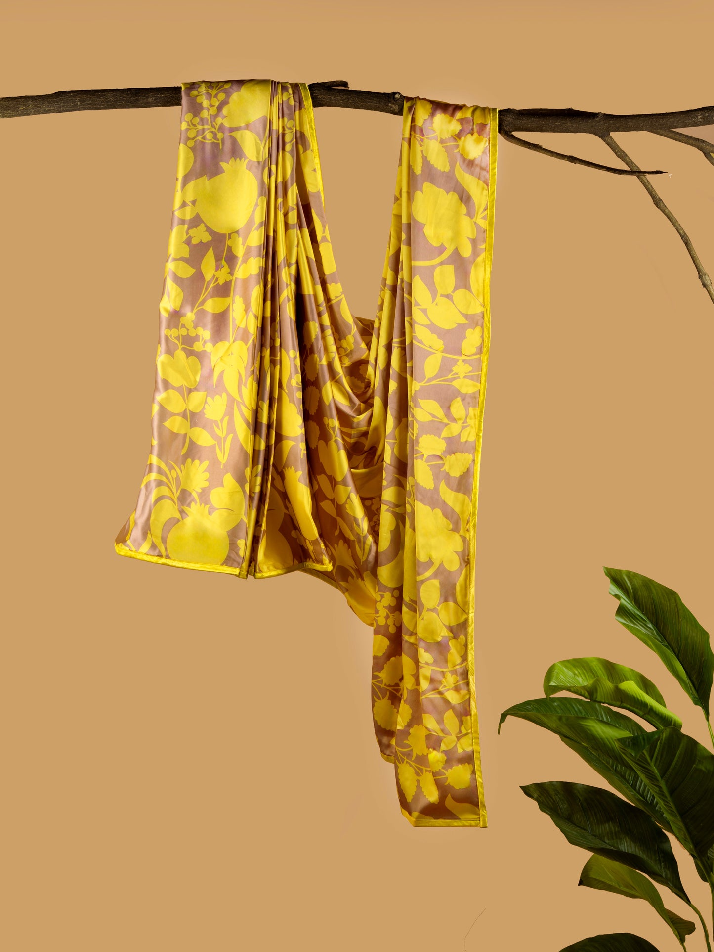 Saddle Brown And Lemon Yellow Floral Pattern with Yellow Border READY TO WEAR Satin Saree