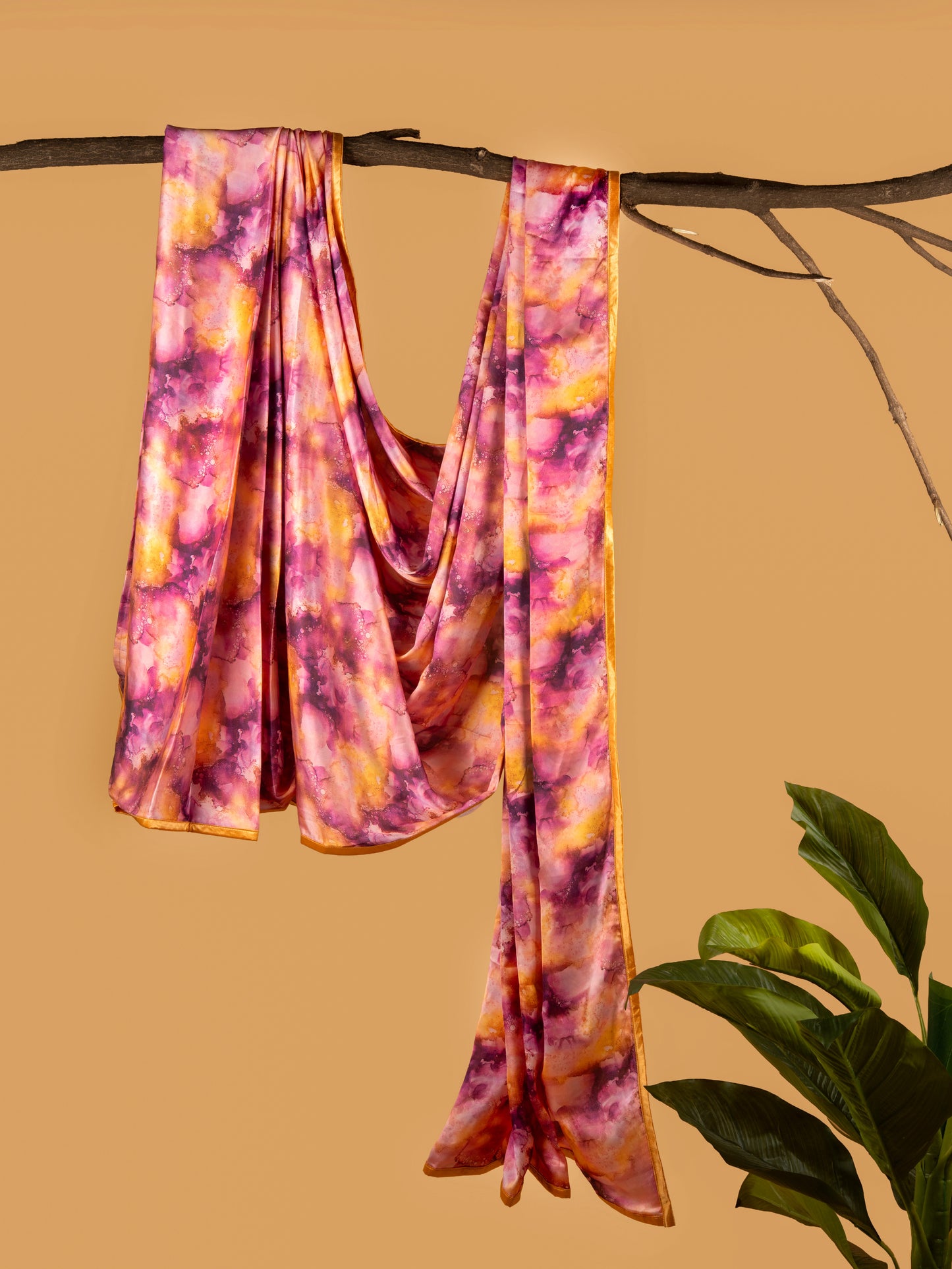 Mauve Purple Tye And Dye Pattern with Orange Border READY TO WEAR Satin Saree