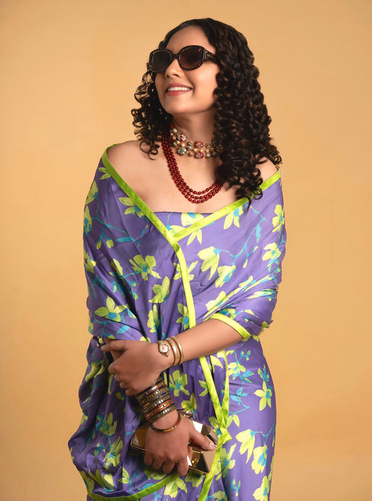 Lime Green And Purple Orchind Floral Pattern with Lime Green Border READY TO WEAR Satin Saree