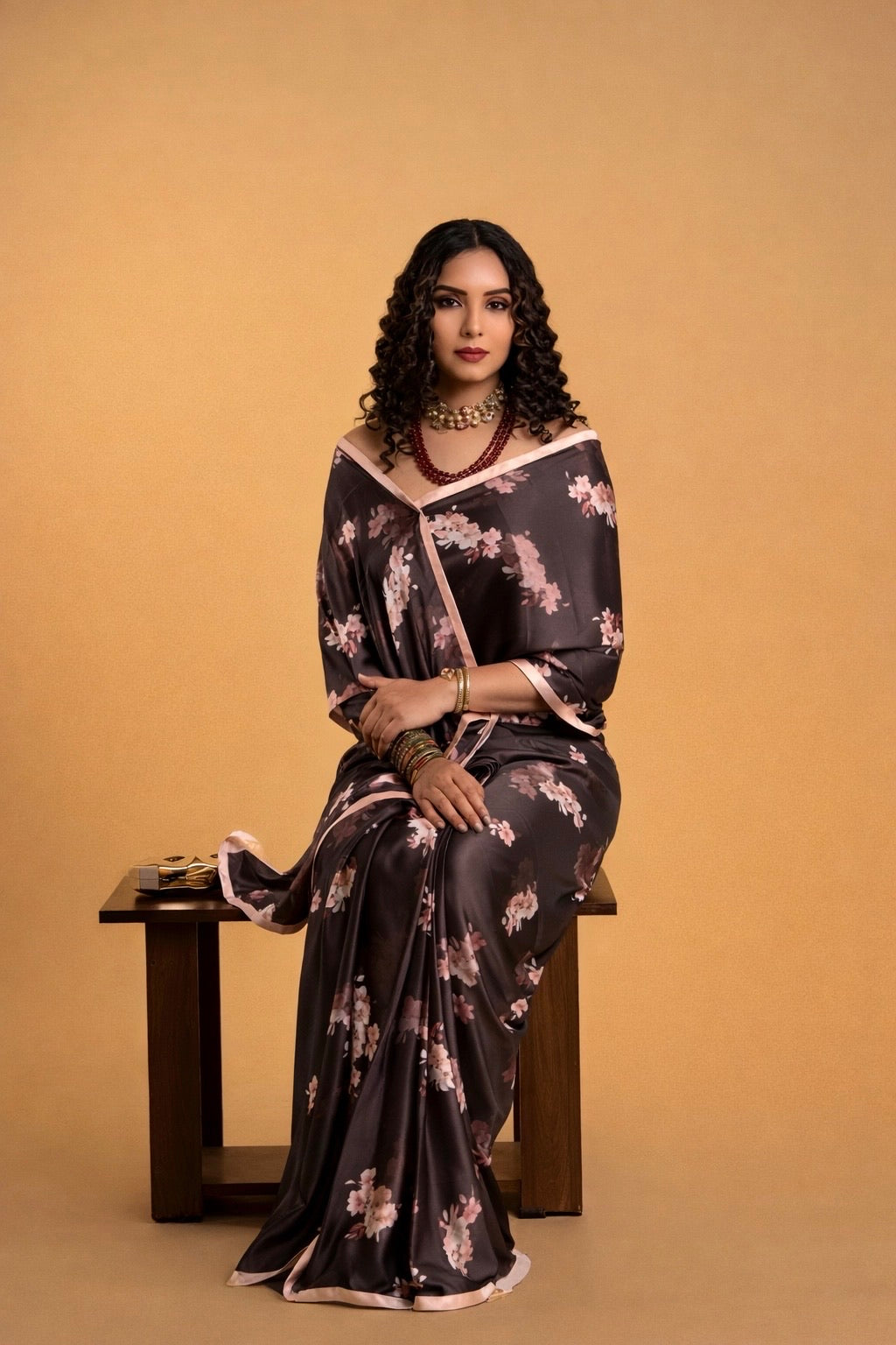 Dark Brown And Peach Floral Pattern with Peach Border READY TO WEAR Satin Saree