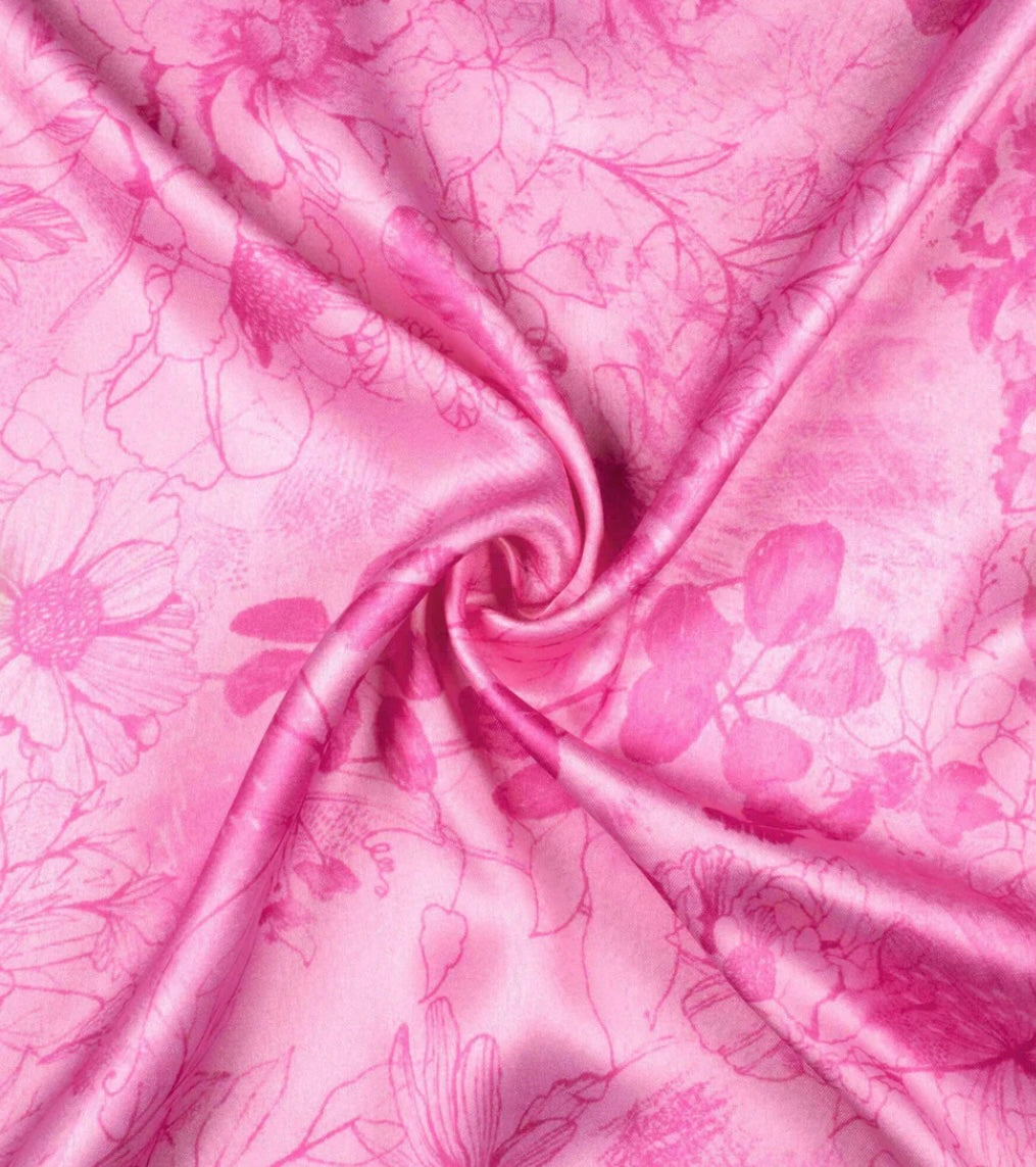 Light Pink Floral Pattern with Dark Pink Border READY TO WEAR Satin Saree