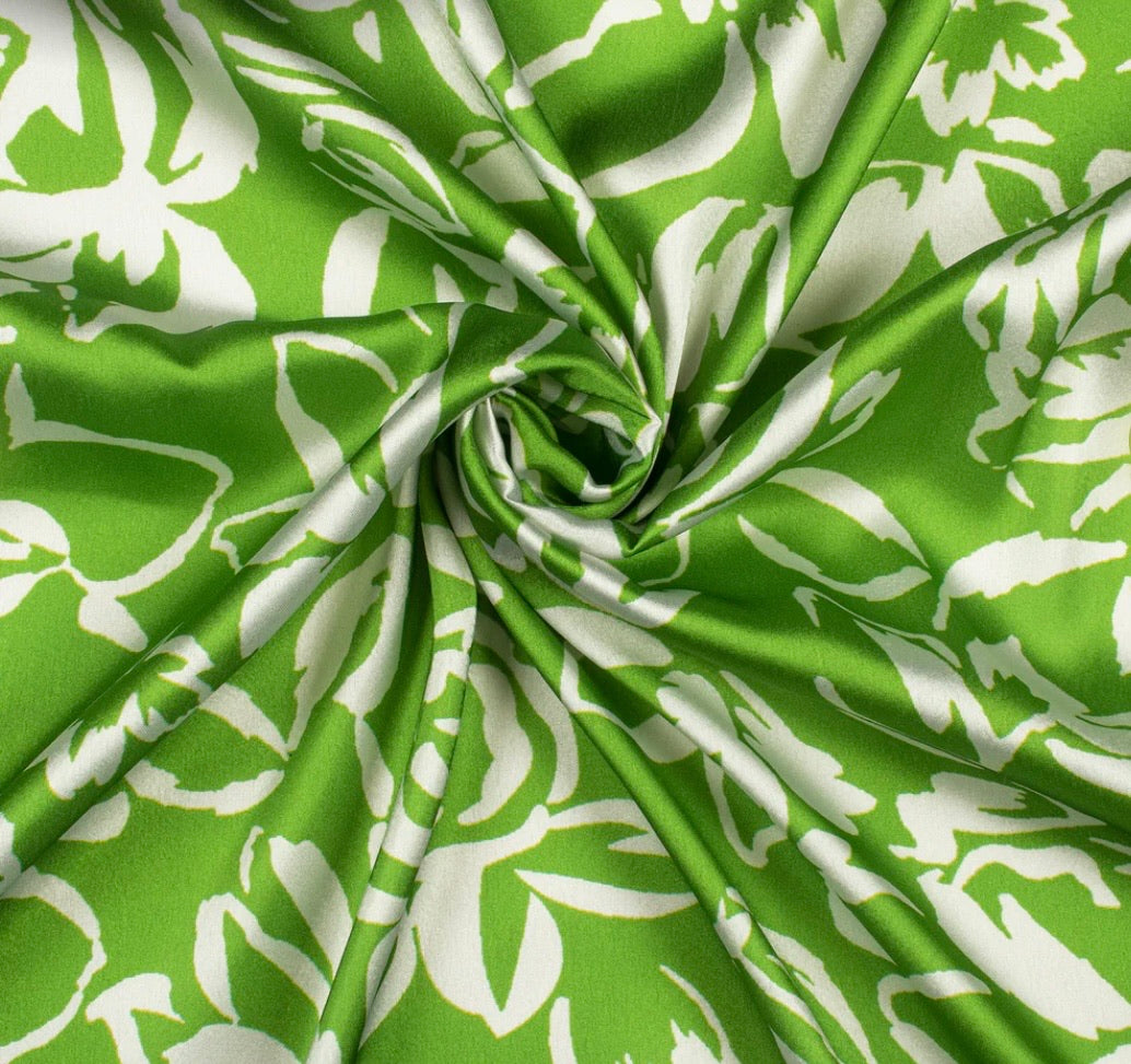 Green and White Floral Pattern with White Border READY TO WEAR Satin Saree