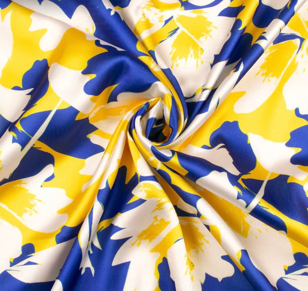 White And Blue Floral Pattern with Yellow Border READY TO WEAR Satin Saree