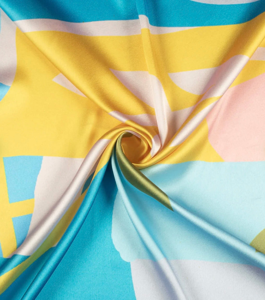 Yellow And Blue Abstract Pattern with Blue Border READY TO WEAR Satin Saree
