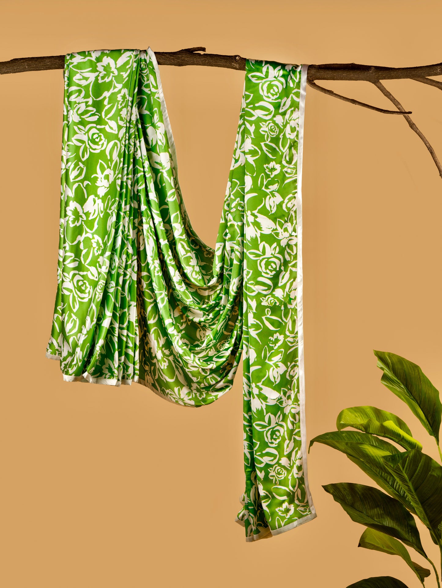 Green and White Floral Pattern with White Border READY TO WEAR Satin Saree