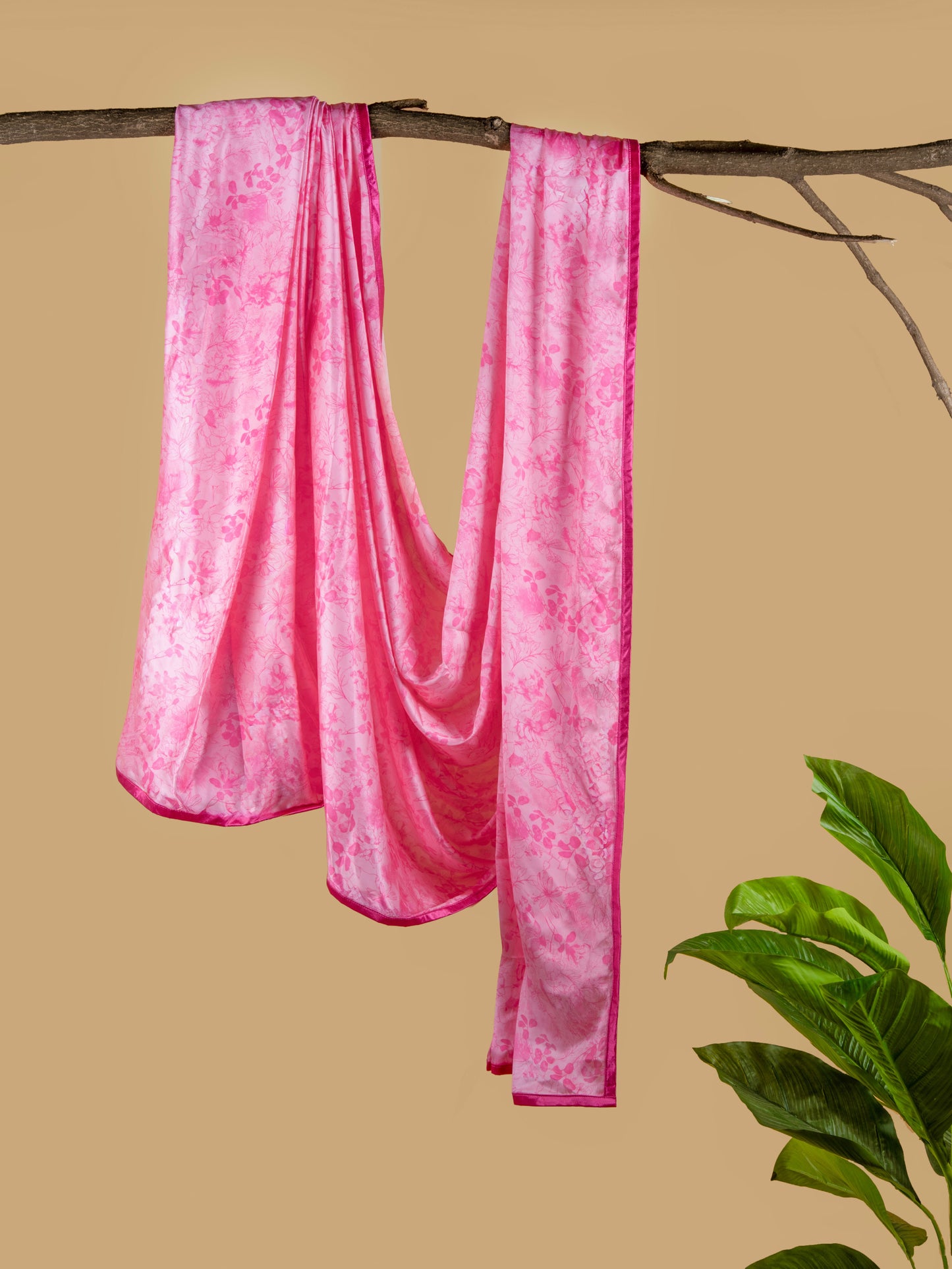 Light Pink Floral Pattern with Dark Pink Border READY TO WEAR Satin Saree