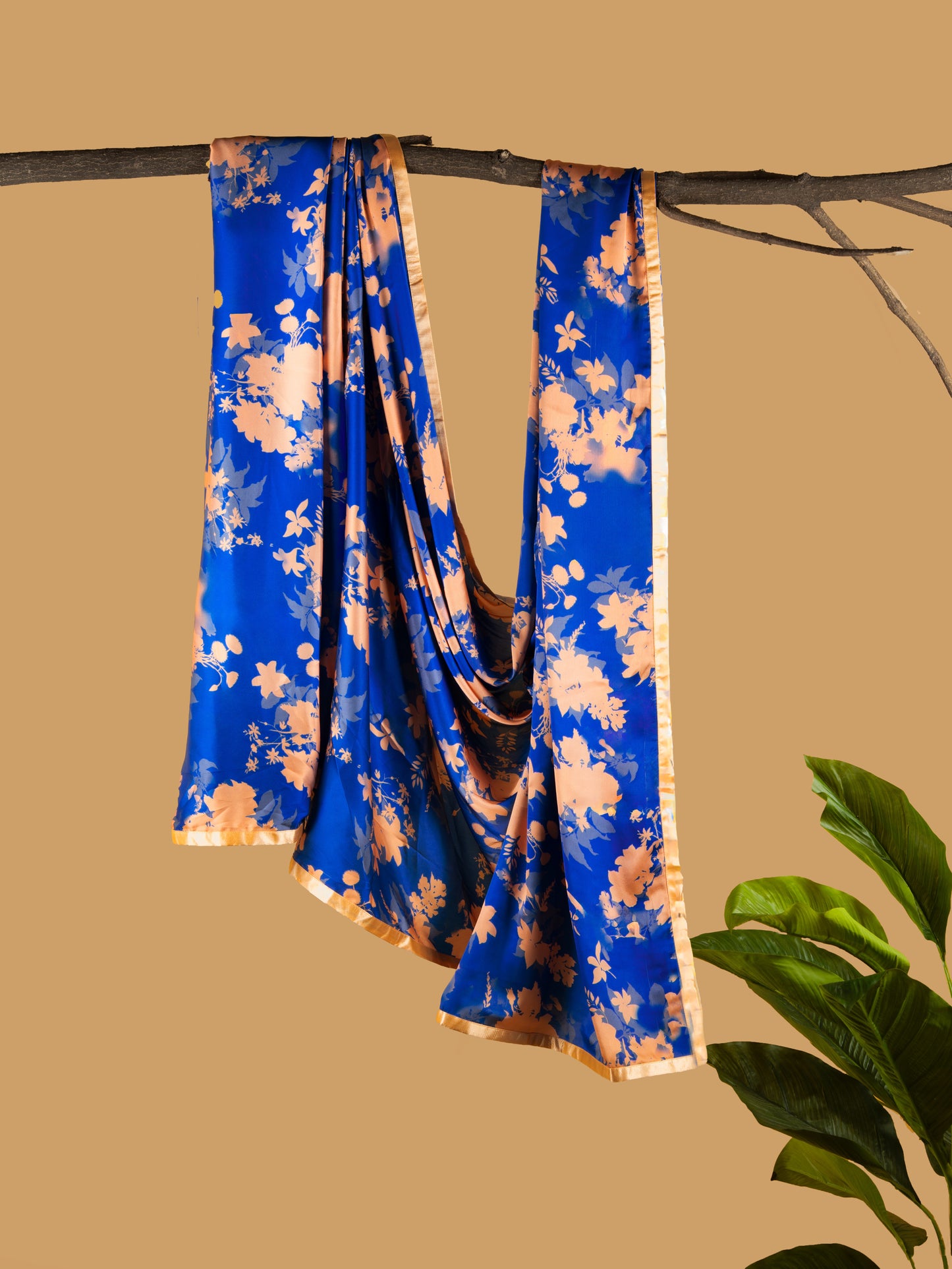 Royal Blue and Beige Floral Pattern with Beige Border READY TO WEAR Satin Saree