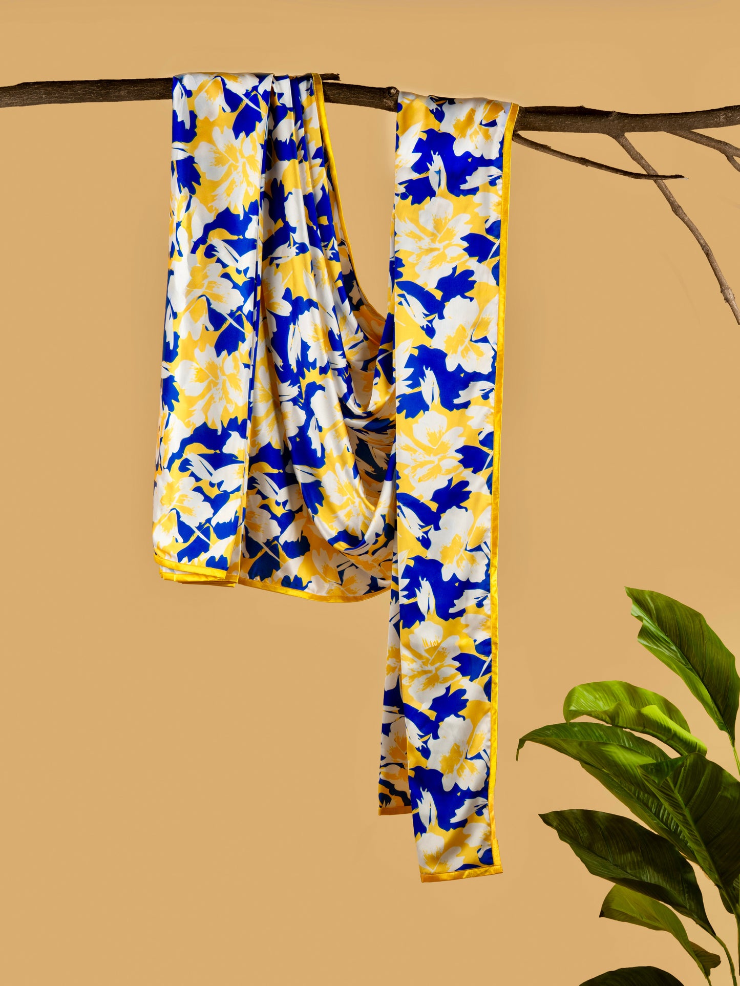 White And Blue Floral Pattern with Yellow Border READY TO WEAR Satin Saree