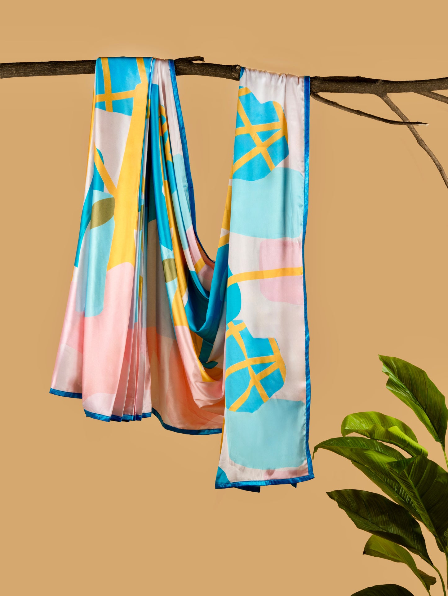 Yellow And Blue Abstract Pattern with Blue Border READY TO WEAR Satin Saree