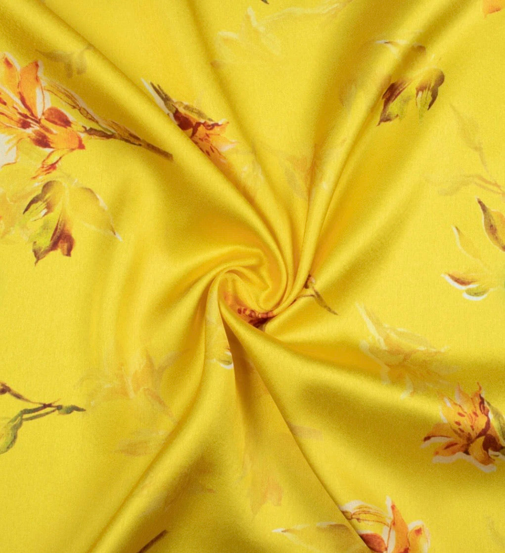 Bumblebee Yellow Floral Pattern with Olive Green Border READY TO WEAR Satin Saree