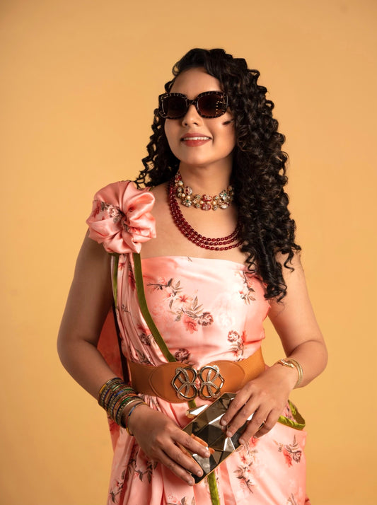 Peach And Brown Floral Pattern Pattern with Olive Green Border READY TO WEAR Satin Saree