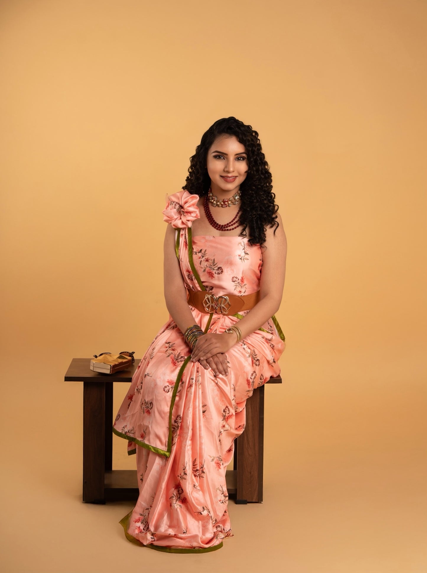 Peach And Brown Floral Pattern Pattern with Olive Green Border READY TO WEAR Satin Saree