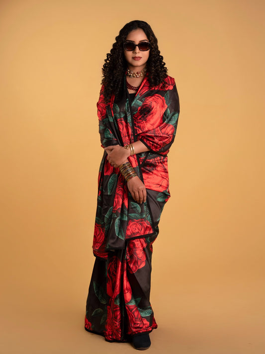 Black And Red Floral Pattern with Black Border READY TO WEAR Satin Saree