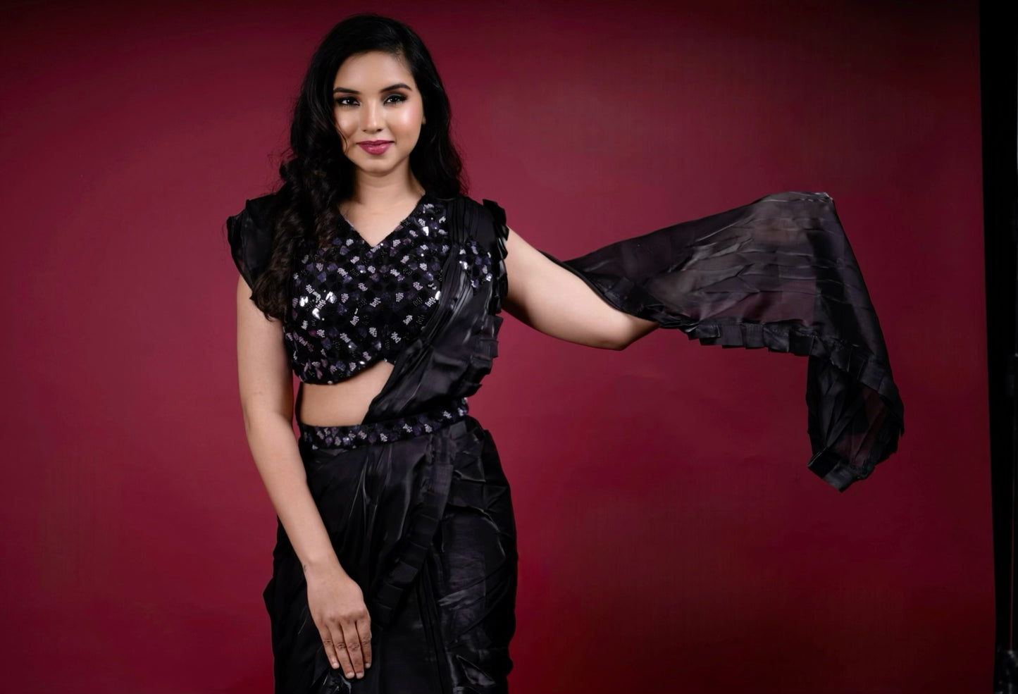Elegant Pre-Draped Saree with Embellished Blouse