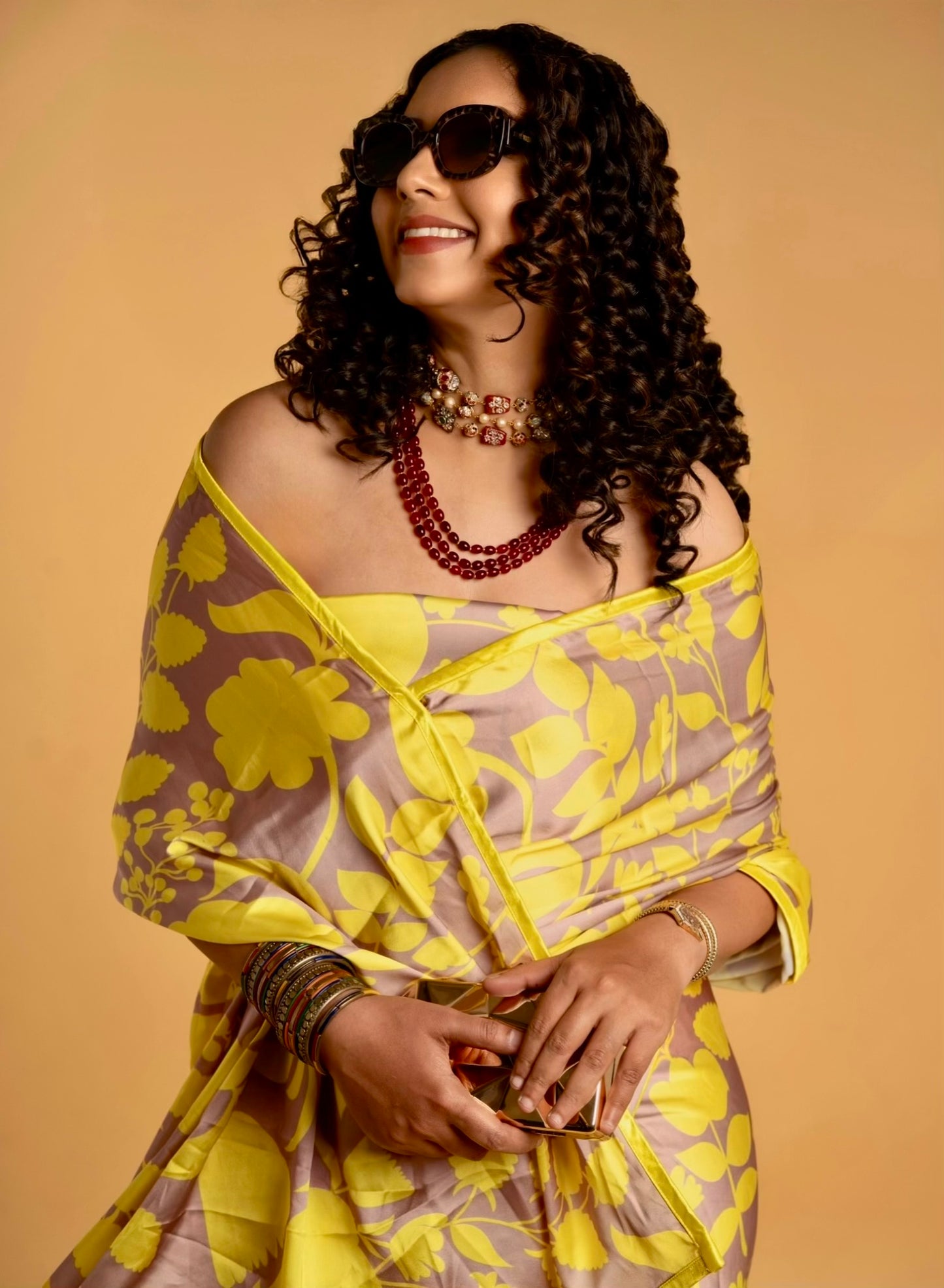 Saddle Brown And Lemon Yellow Floral Pattern with Yellow Border READY TO WEAR Satin Saree