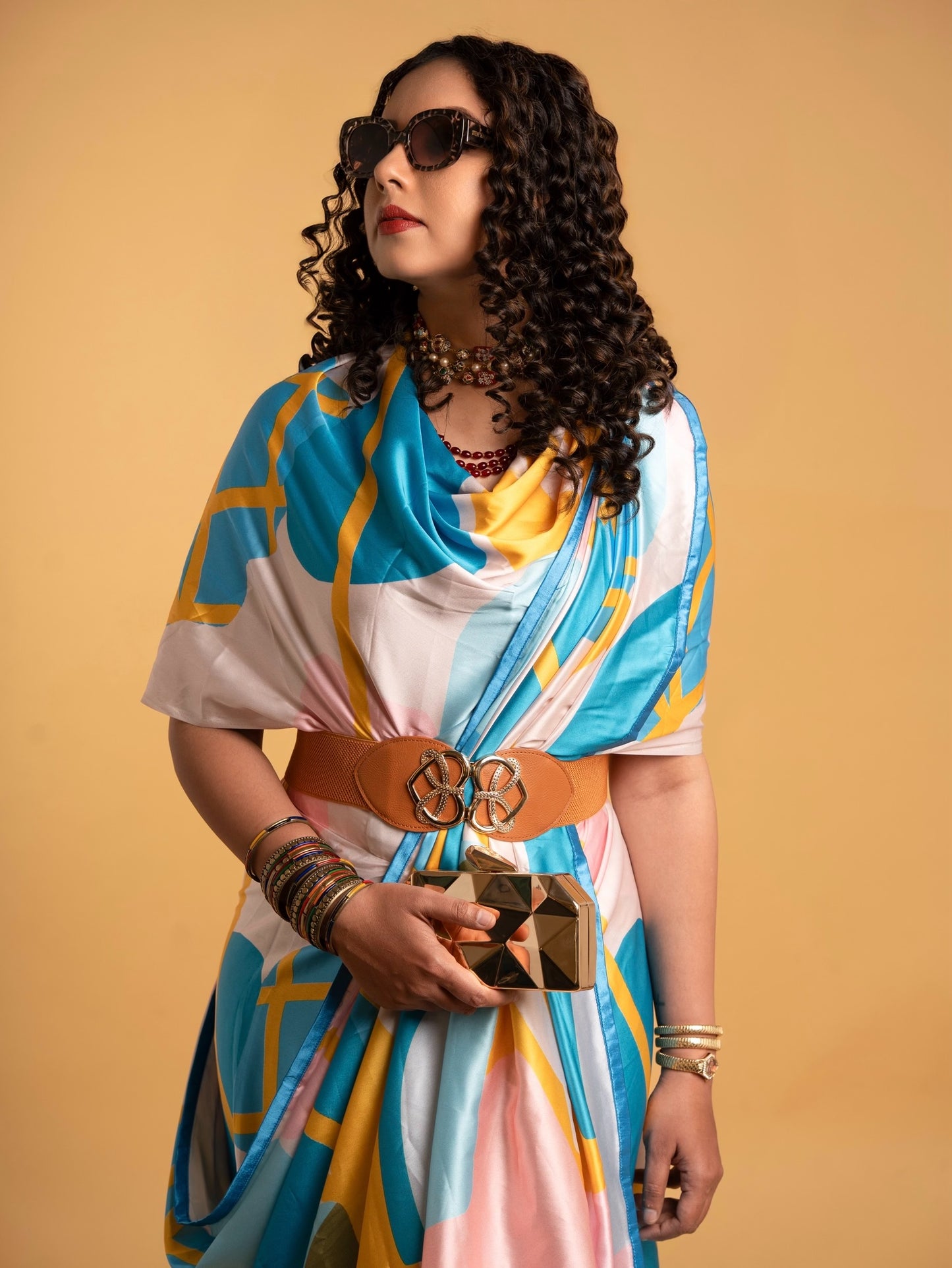 Yellow And Blue Abstract Pattern with Blue Border READY TO WEAR Satin Saree