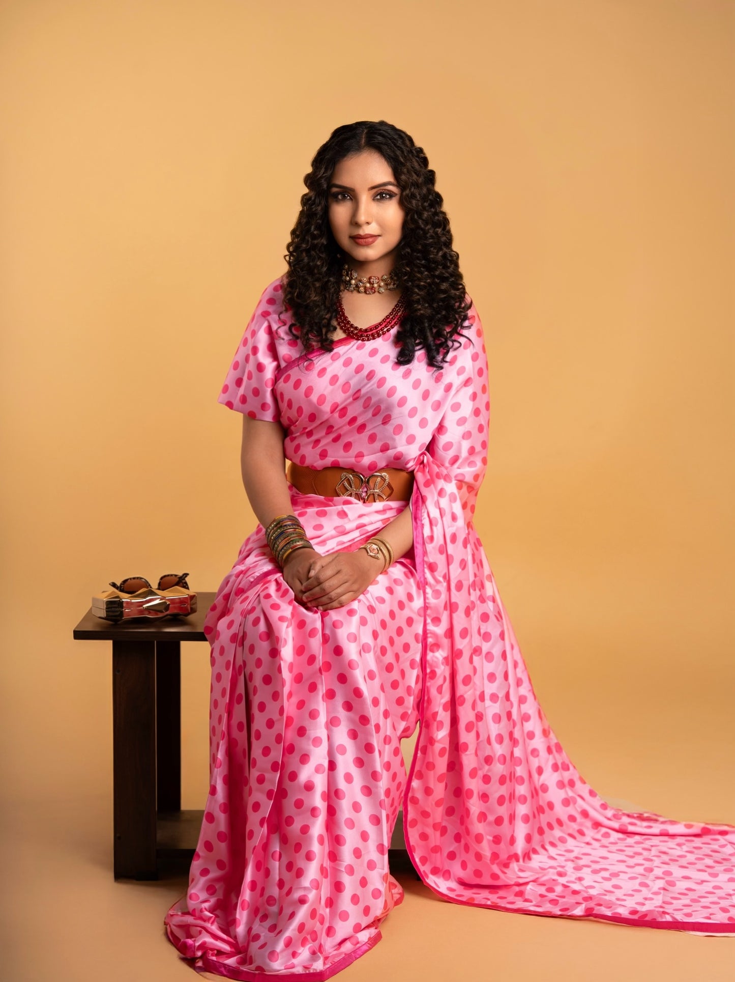 Deep Pink Polka Dots with Dark Pink Border READY TO WEAR Satin Saree