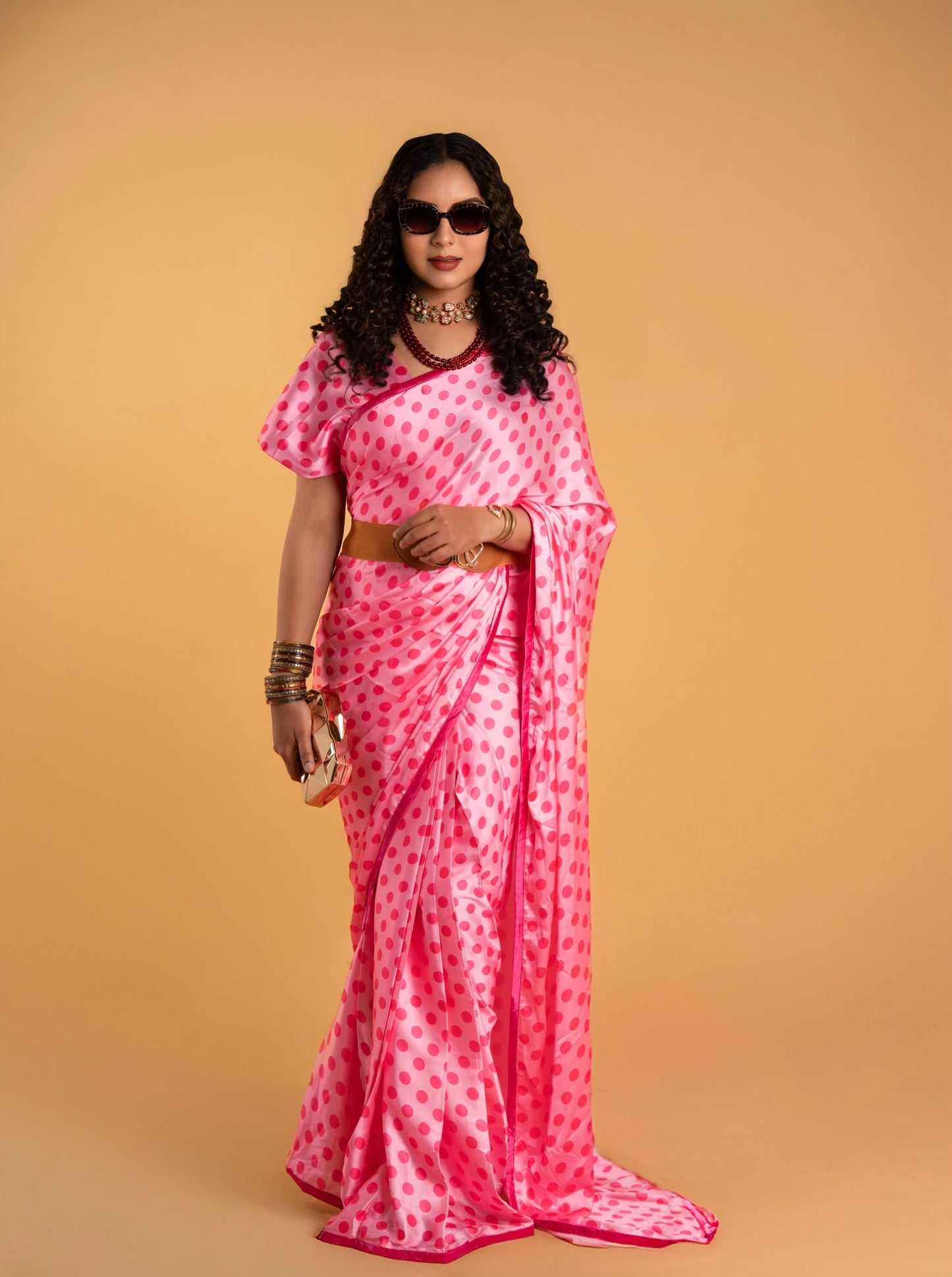 Deep Pink Polka Dots with Dark Pink Border READY TO WEAR Satin Saree