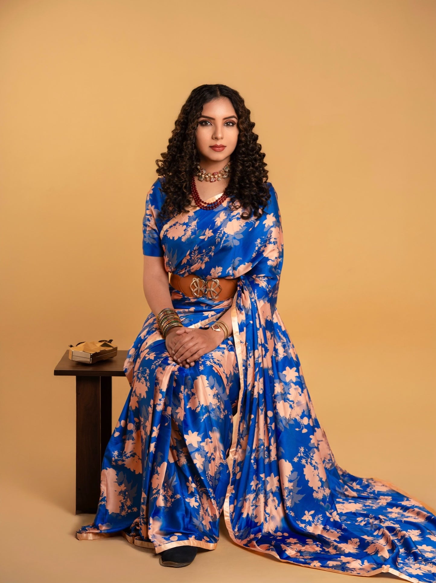 Royal Blue and Beige Floral Pattern with Beige Border READY TO WEAR Satin Saree