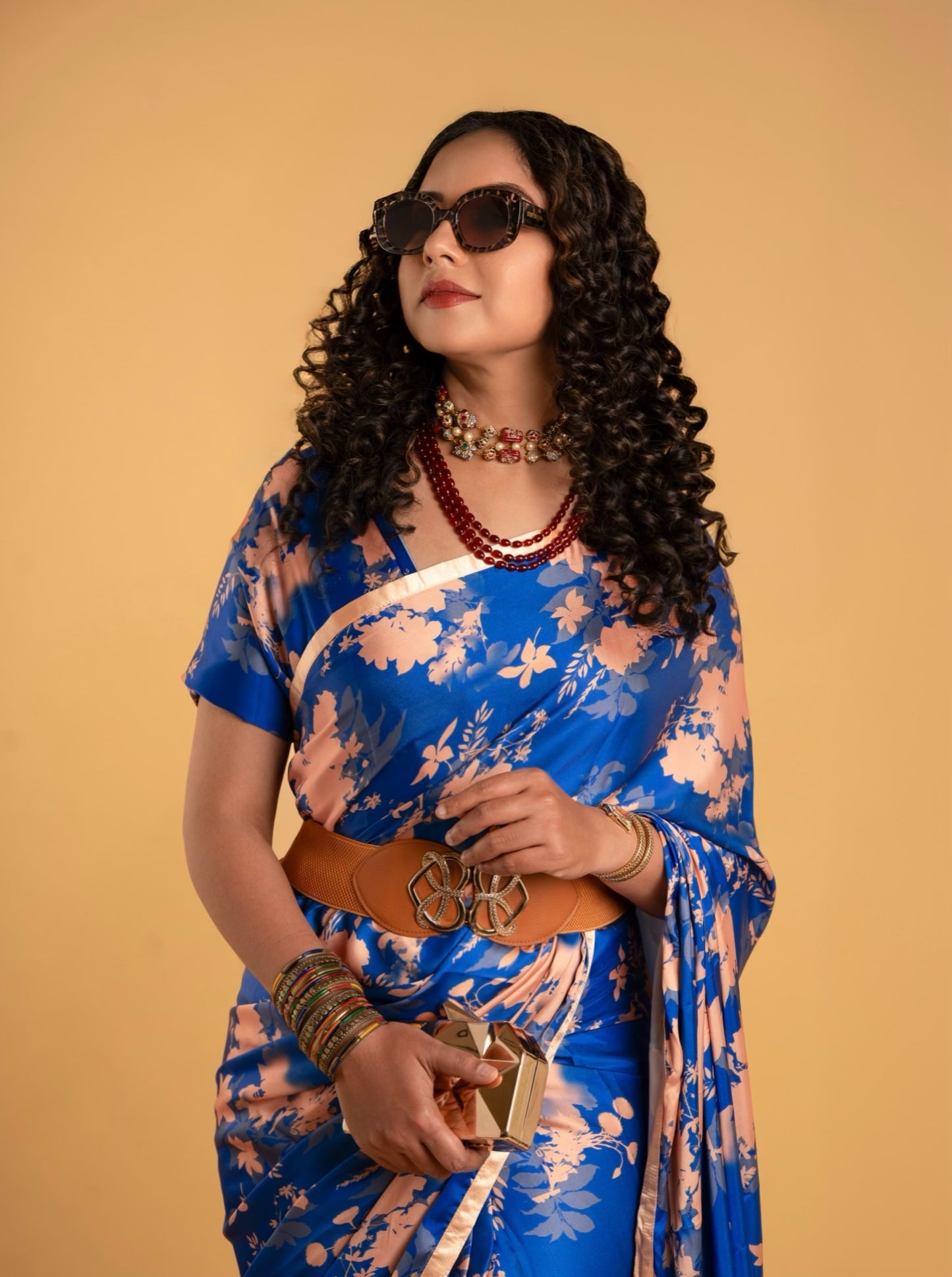 Royal Blue and Beige Floral Pattern with Beige Border READY TO WEAR Satin Saree