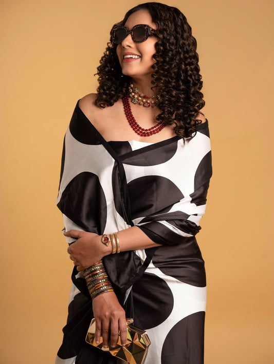 White And Black Polka Dot with Black Border READY TO WEAR Satin Saree