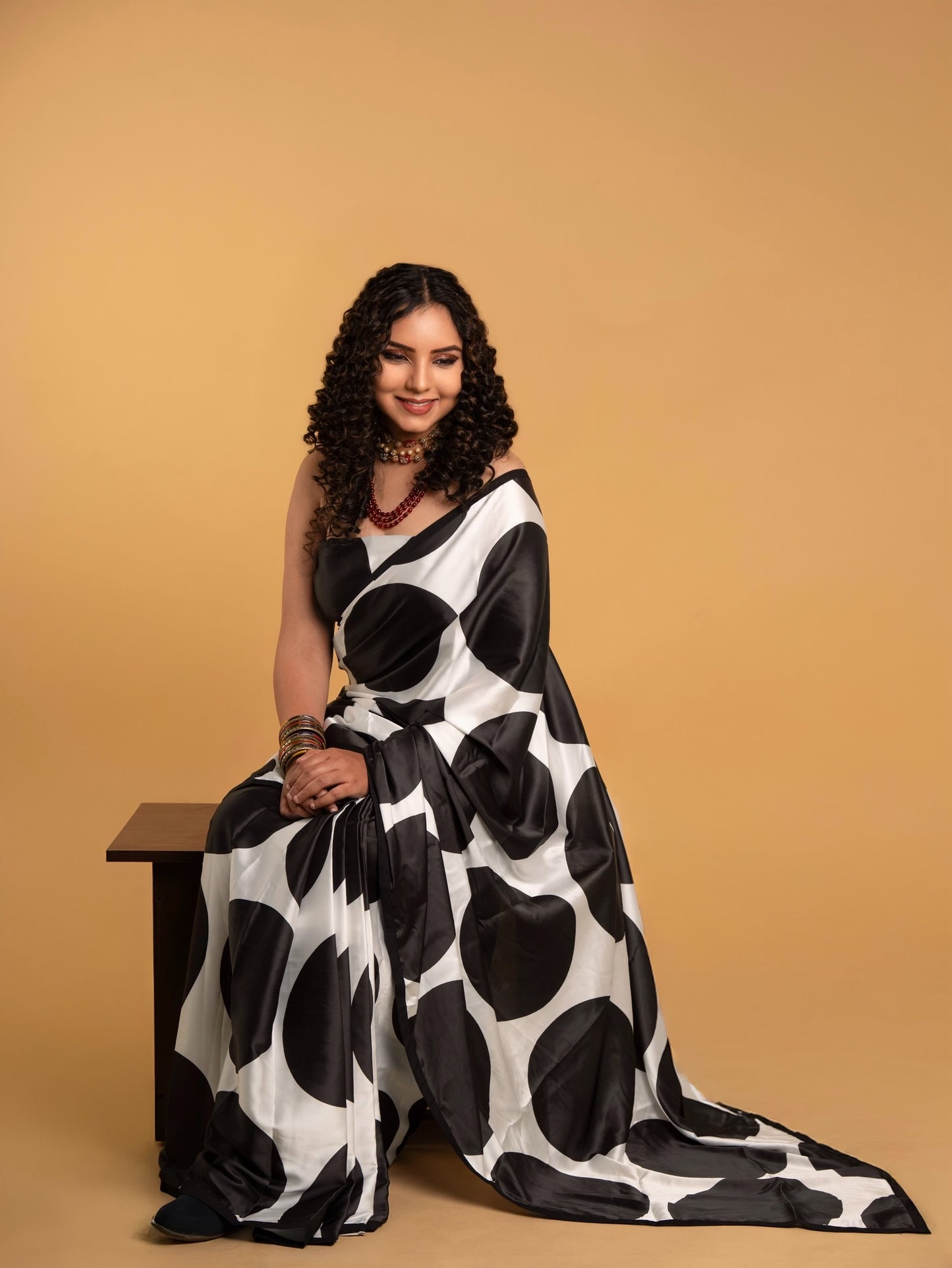 White And Black Polka Dot with Black Border READY TO WEAR Satin Saree