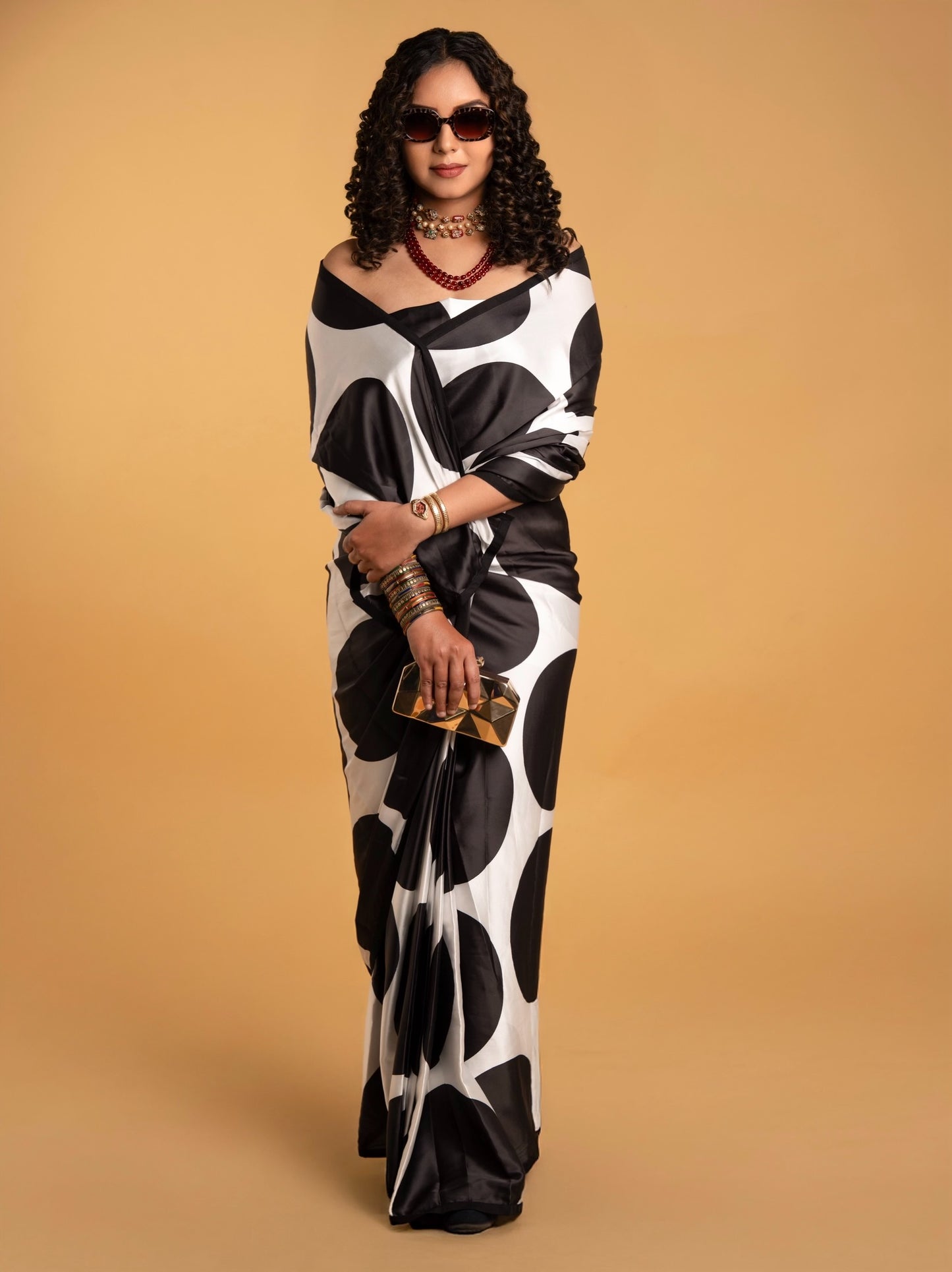 White And Black Polka Dot with Black Border READY TO WEAR Satin Saree