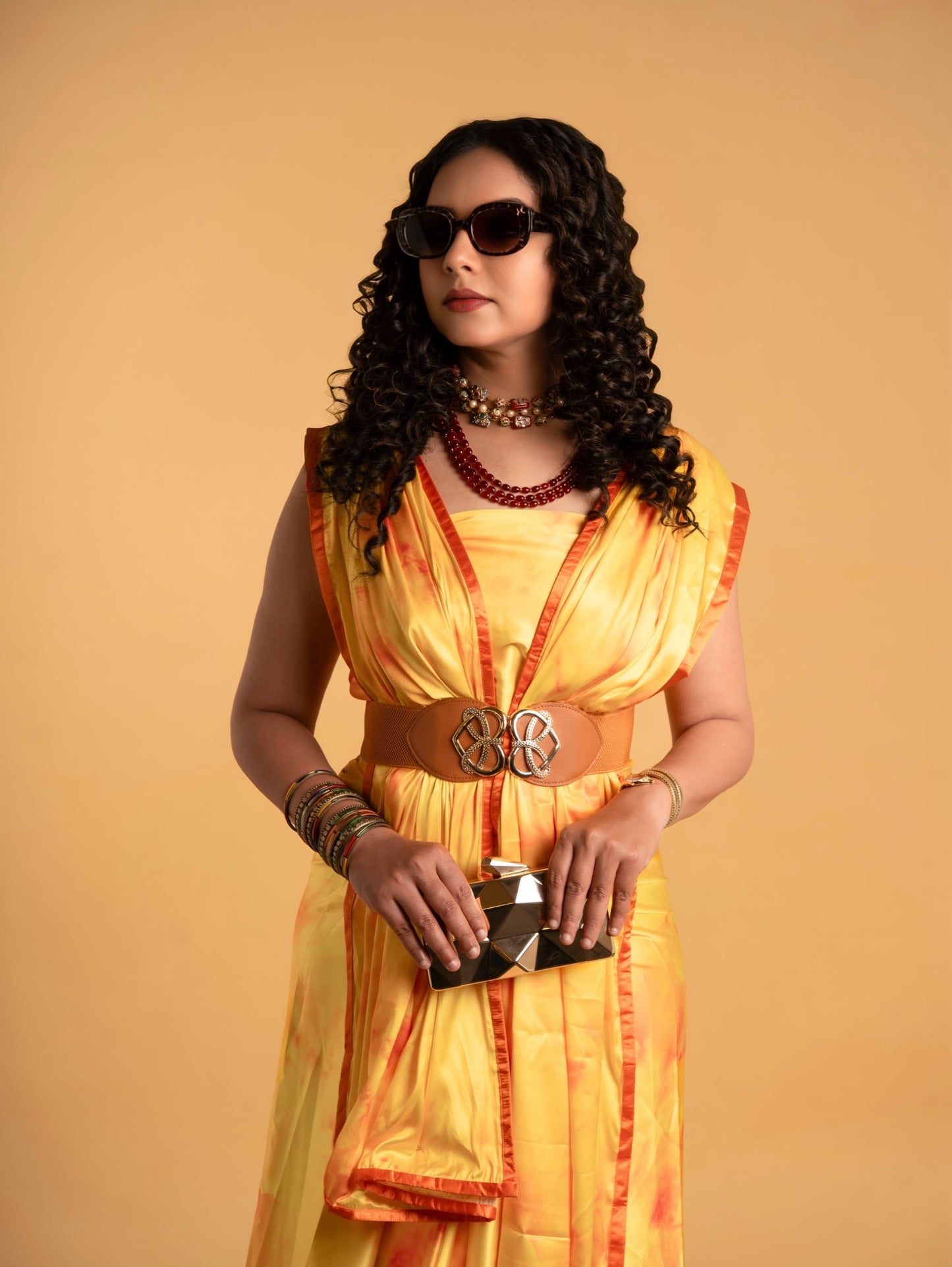 Yellow Abstract Pattern with Orange Border READY TO WEAR Satin Saree