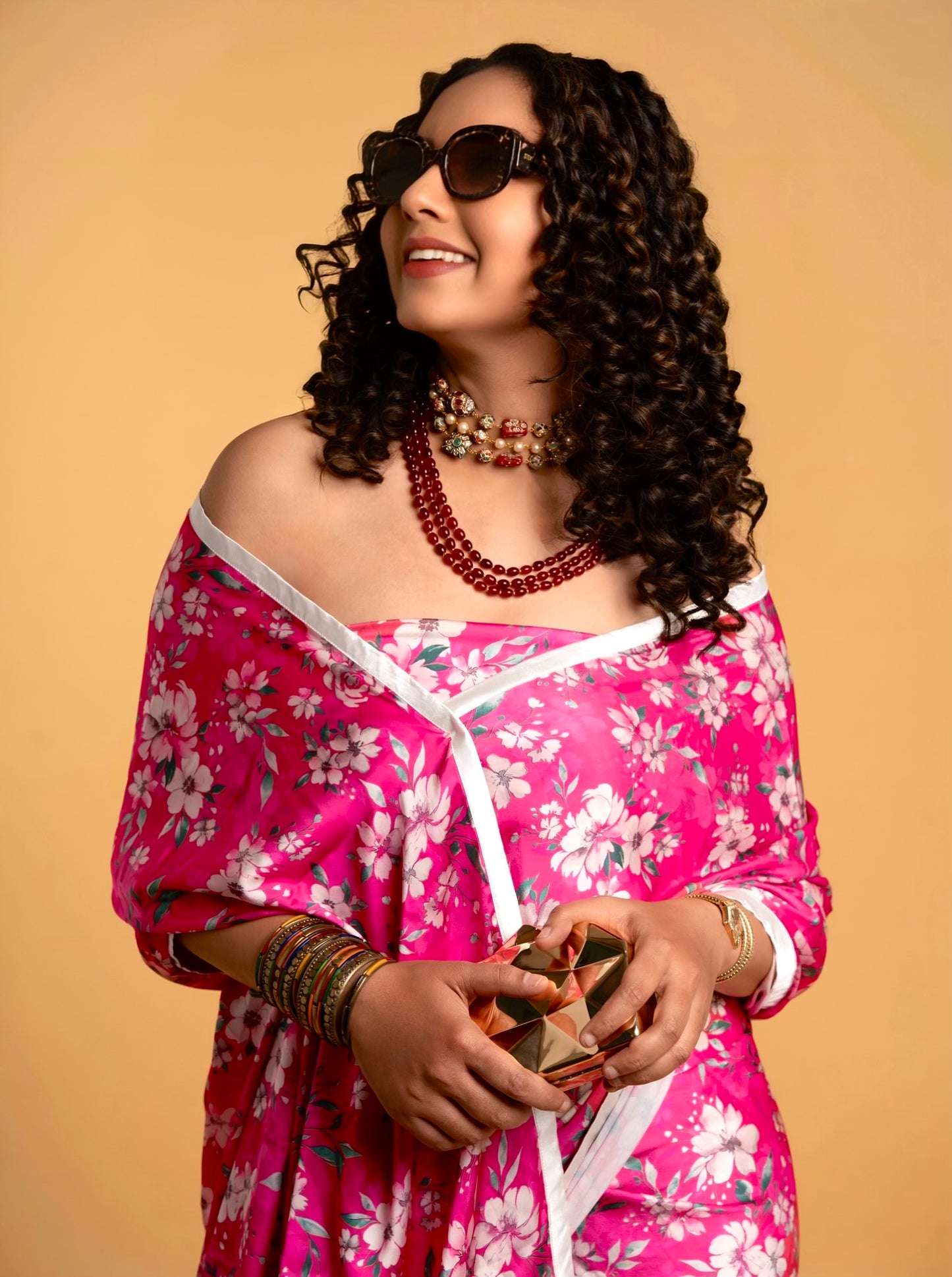 Exotic Pink and White Floral Pattern with White Border READY TO WEAR Satin Saree