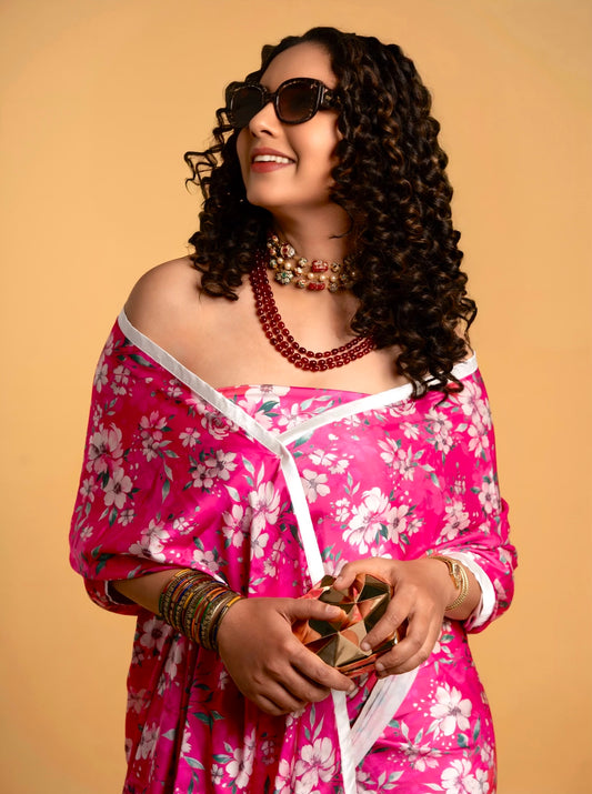 Exotic Pink and White Floral Pattern with White Border READY TO WEAR Satin Saree