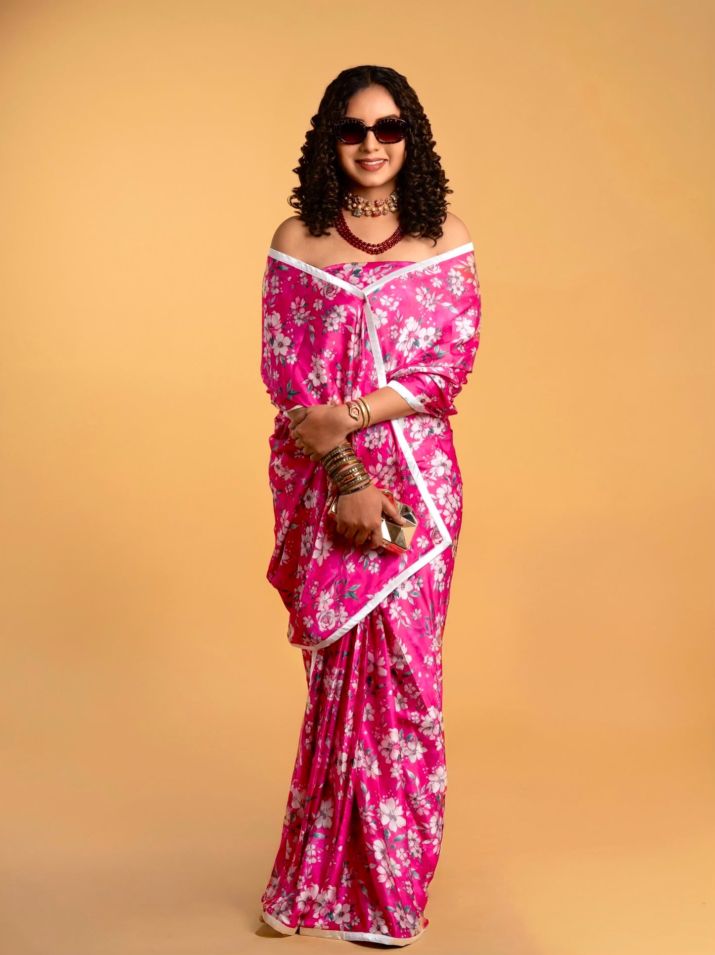 Exotic Pink and White Floral Pattern with White Border READY TO WEAR Satin Saree