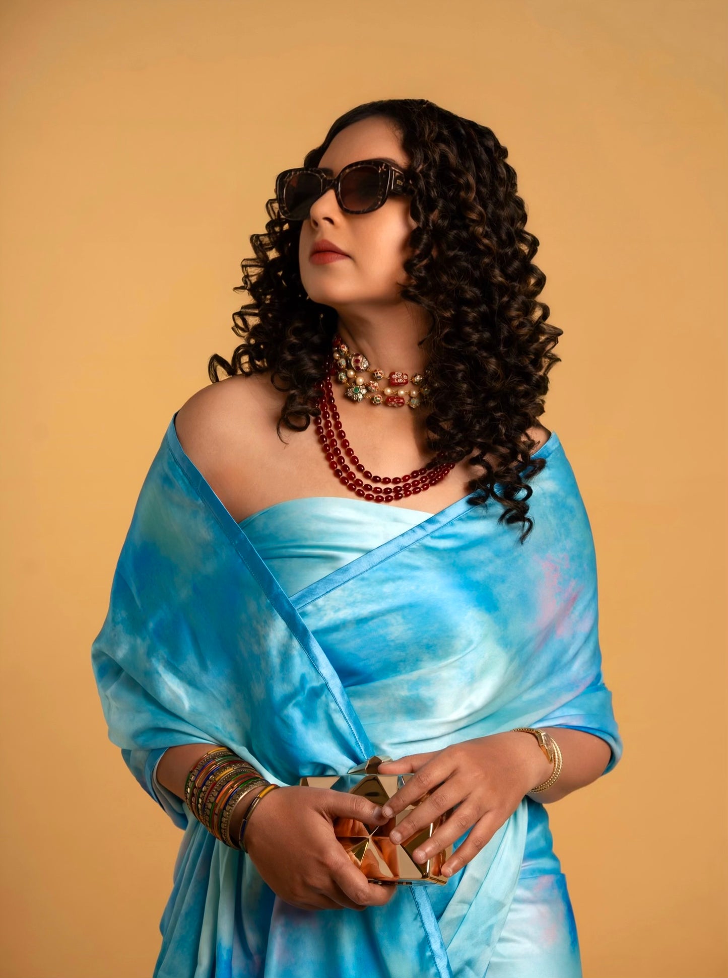 Turquoise And Blue Abstract Pattern  with Blue Border READY TO WEAR Satin Saree