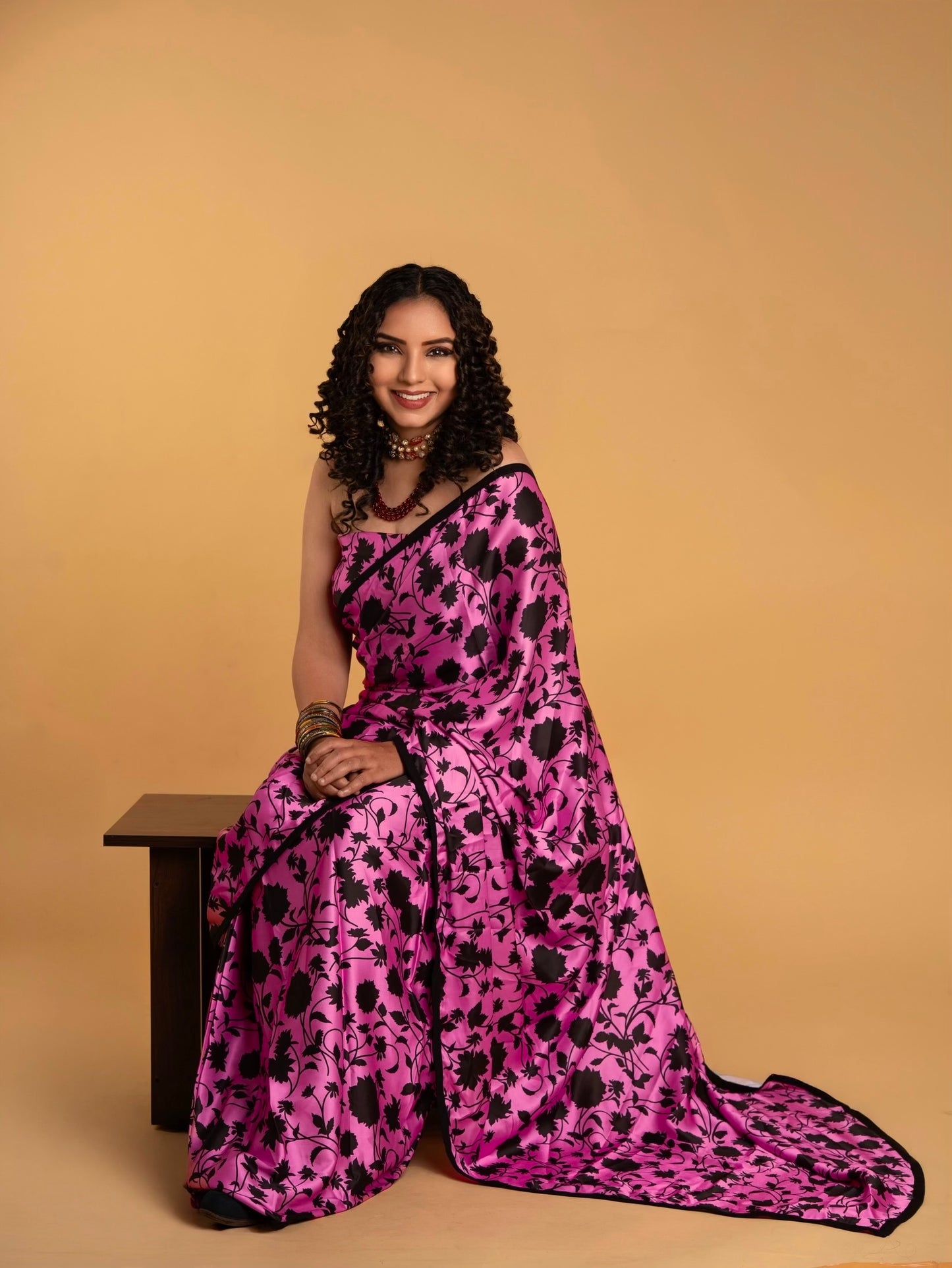 Stylish Pink and Black Floral Pattern with Black Border READY TO WEAR Satin Saree