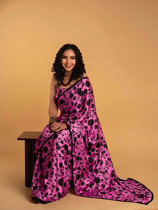 Stylish Pink and Black Floral Pattern with Black Border READY TO WEAR Satin Saree