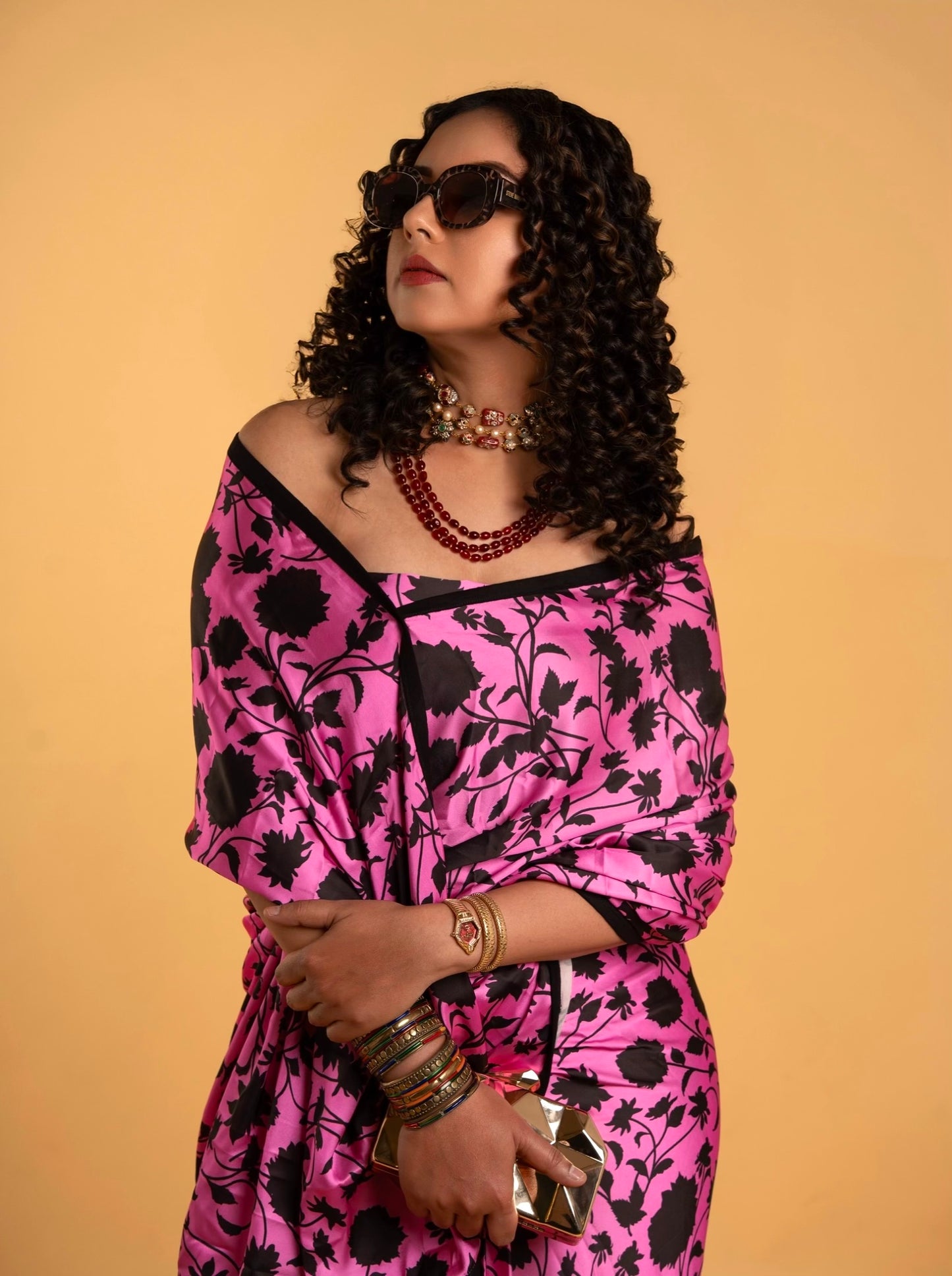 Stylish Pink and Black Floral Pattern with Black Border READY TO WEAR Satin Saree