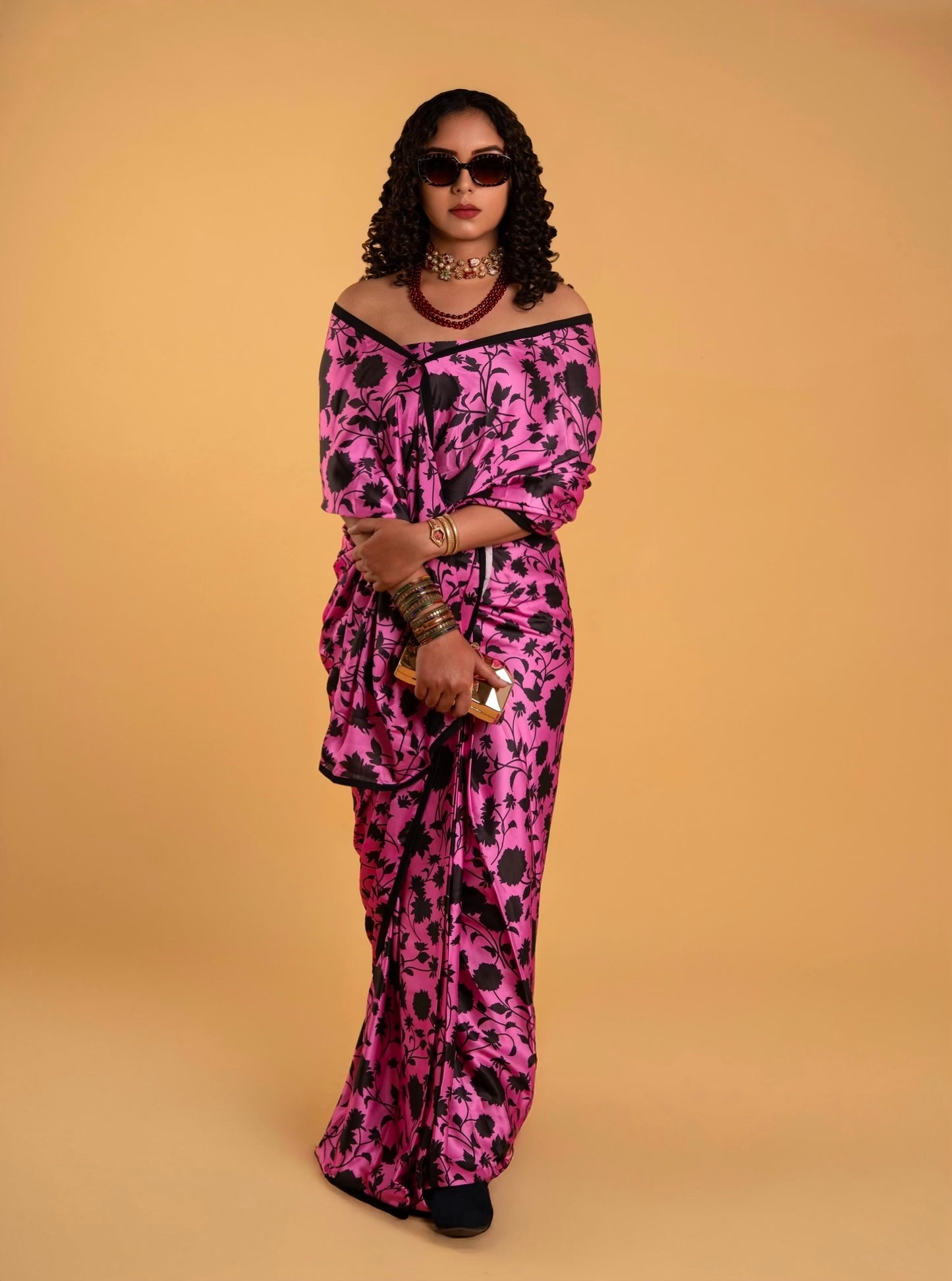 Stylish Pink and Black Floral Pattern with Black Border READY TO WEAR Satin Saree