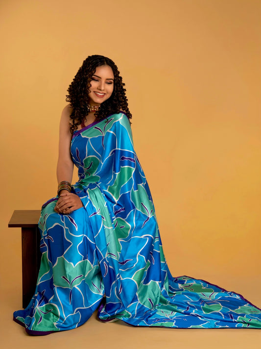 Royal Blue And Green Abstract Pattern with Purple Border READY TO WEAR Satin Saree