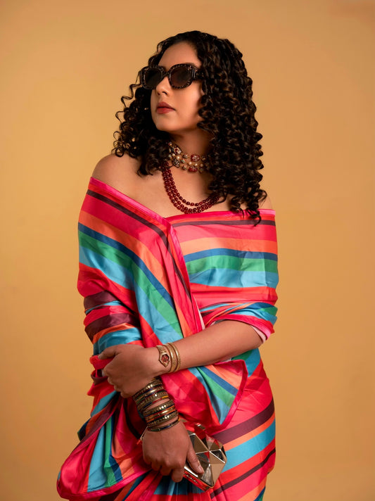 Multi-Color Stripes Pattern with Pink Border READY TO WEAR Satin Saree