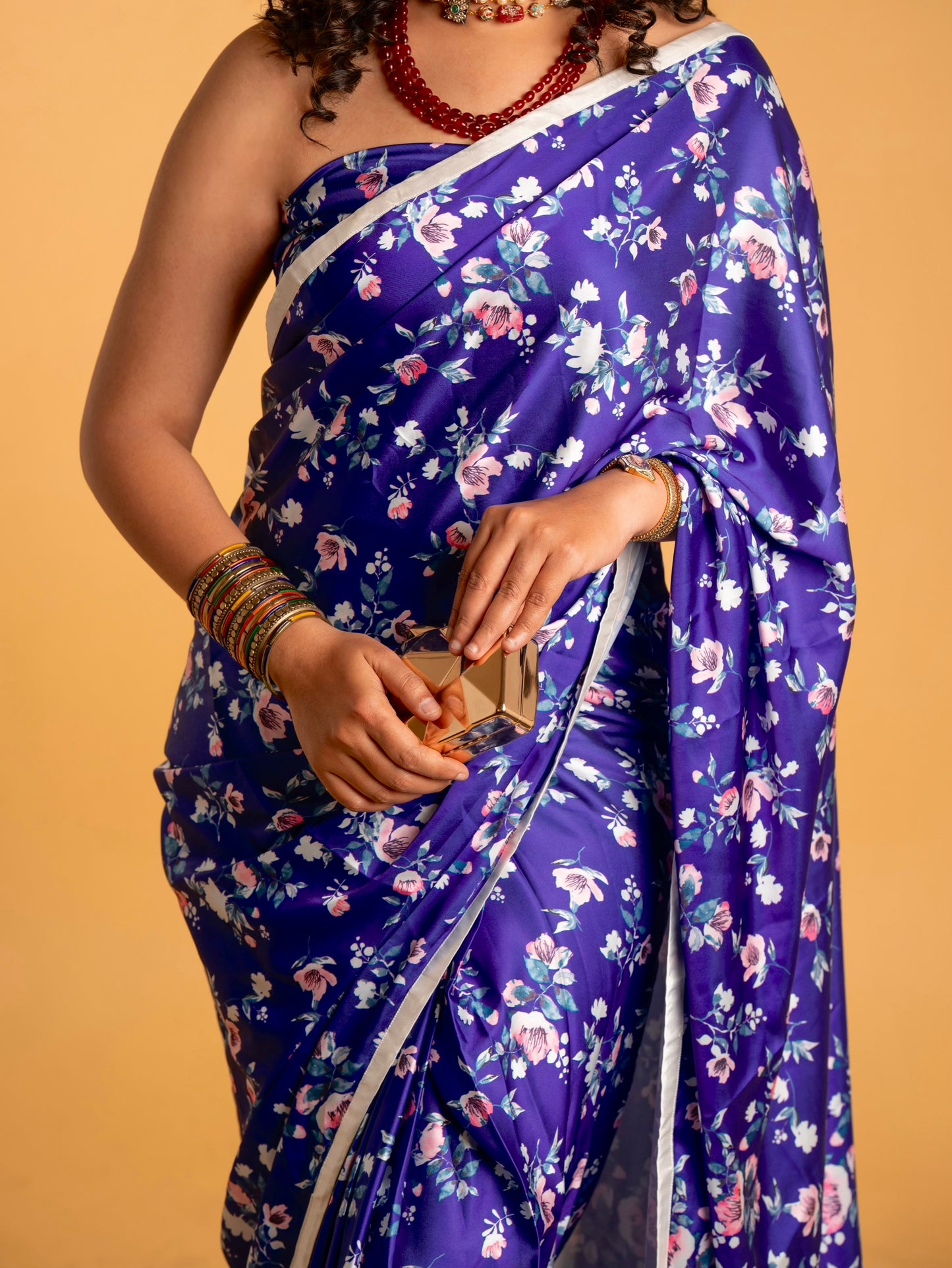 Royal Blue and White Floral Pattern with White Border READY TO WEAR Satin Saree