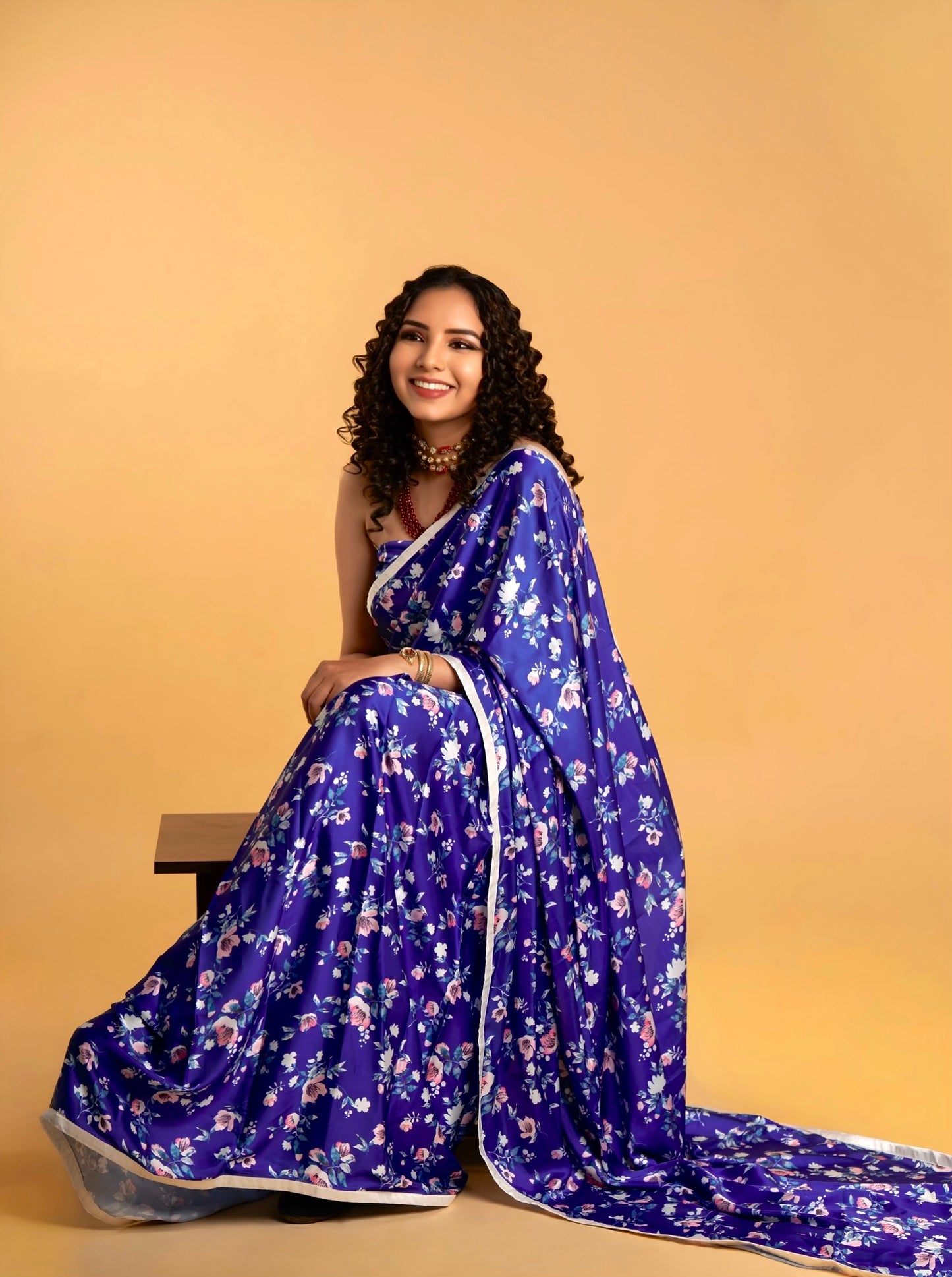 Royal Blue and White Floral Pattern with White Border READY TO WEAR Satin Saree
