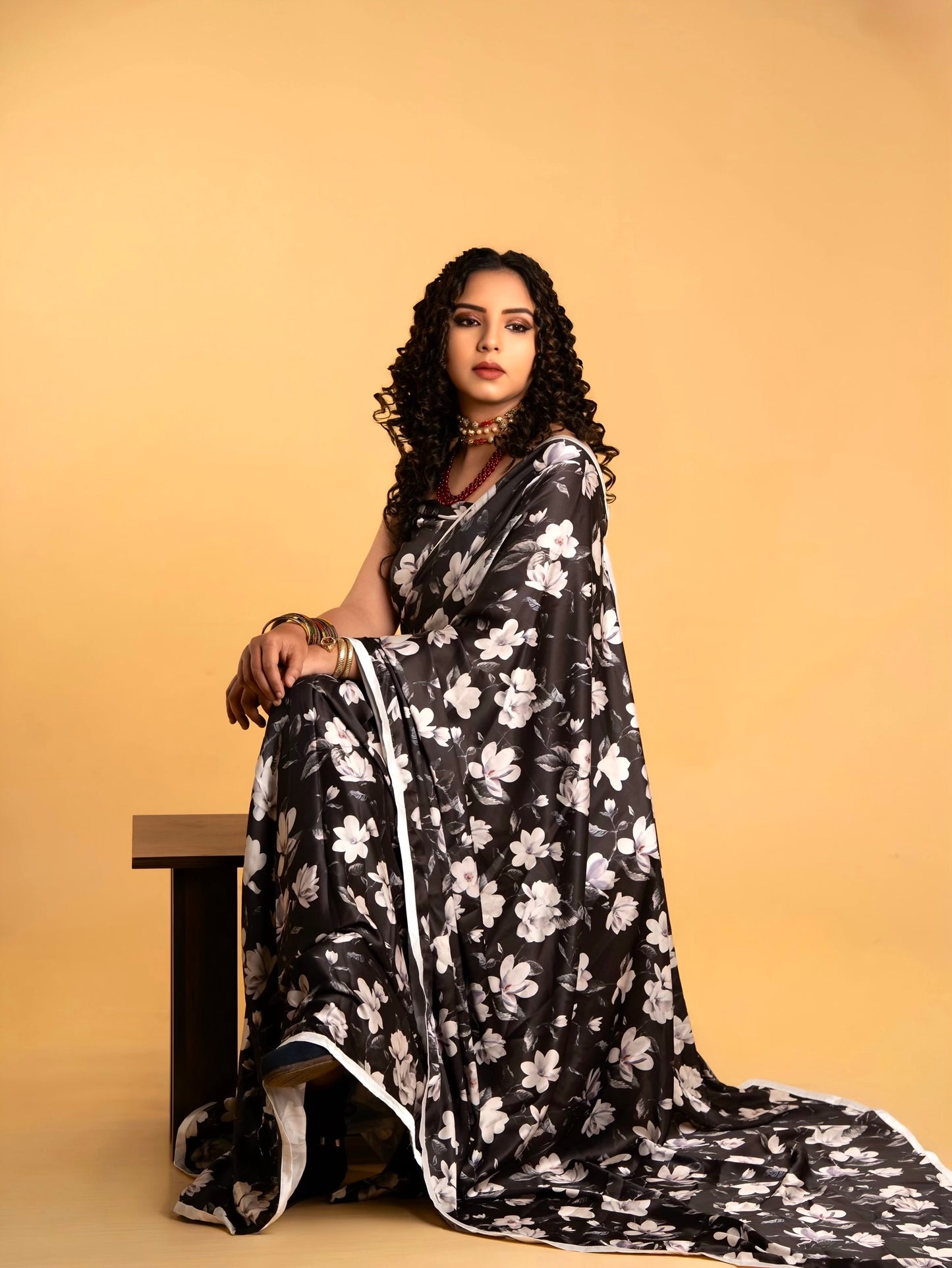 Black And Off White Floral Pattern with White Border READY TO WEAR Satin Saree