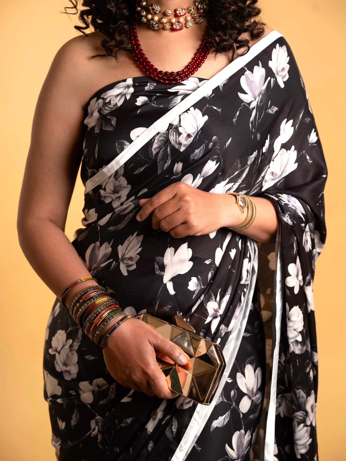 Black And Off White Floral Pattern with White Border READY TO WEAR Satin Saree