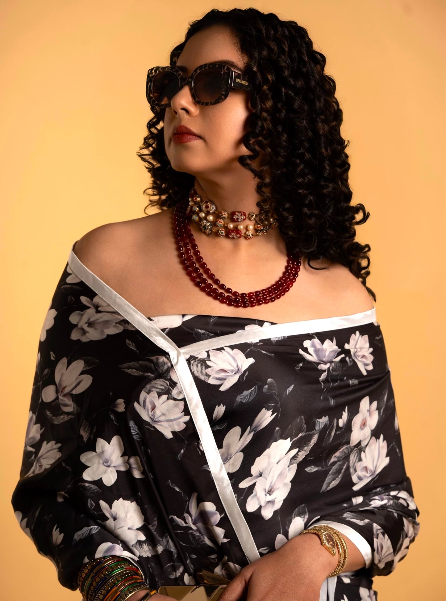 Black And Off White Floral Pattern with White Border READY TO WEAR Satin Saree