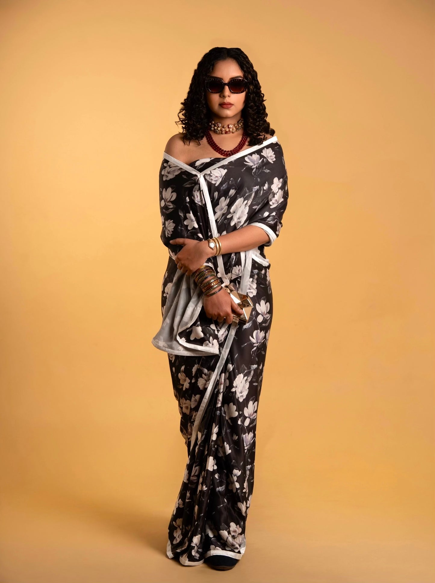 Black And Off White Floral Pattern with White Border READY TO WEAR Satin Saree