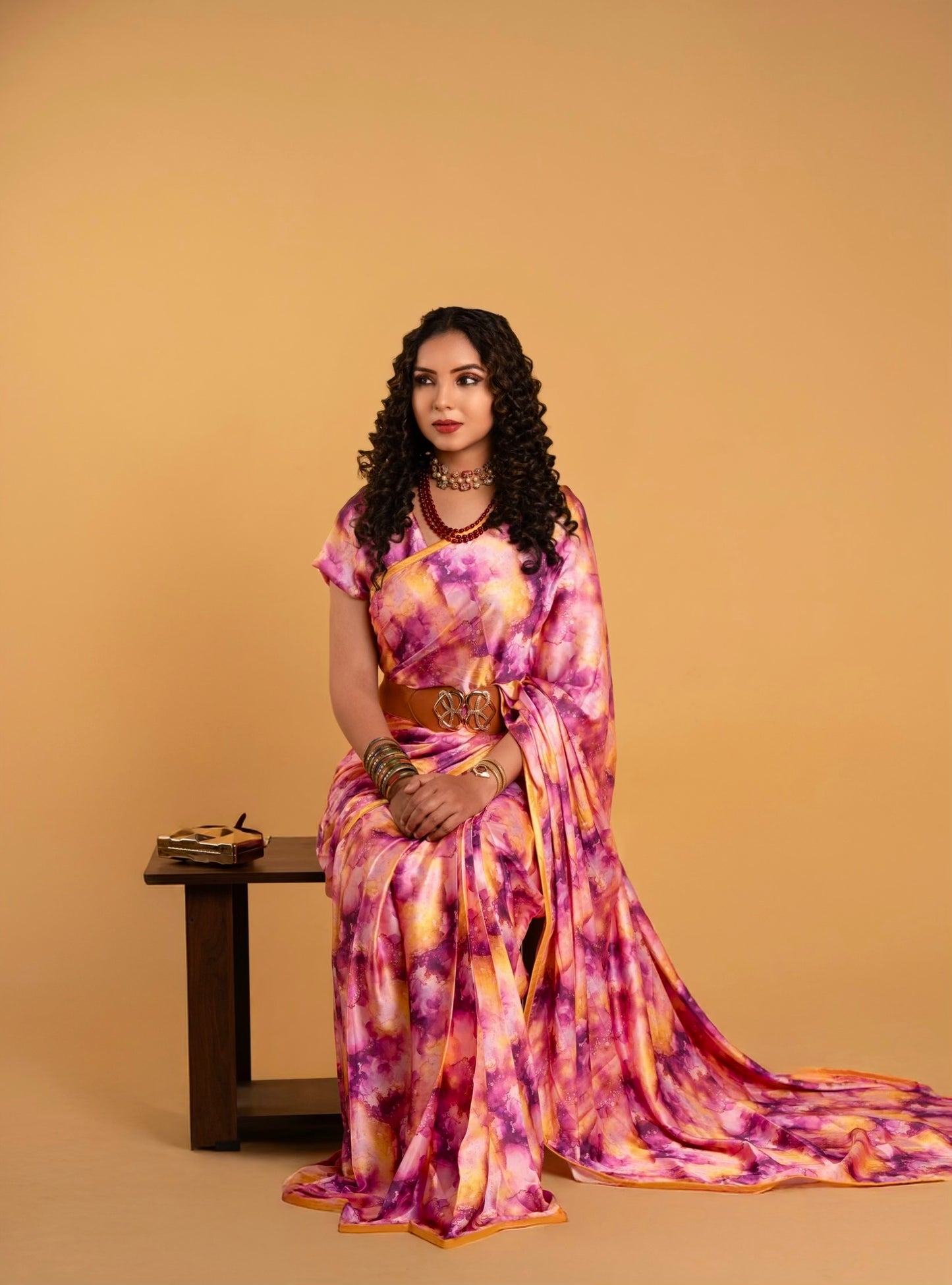 Mauve Purple Tye And Dye Pattern with Orange Border READY TO WEAR Satin Saree