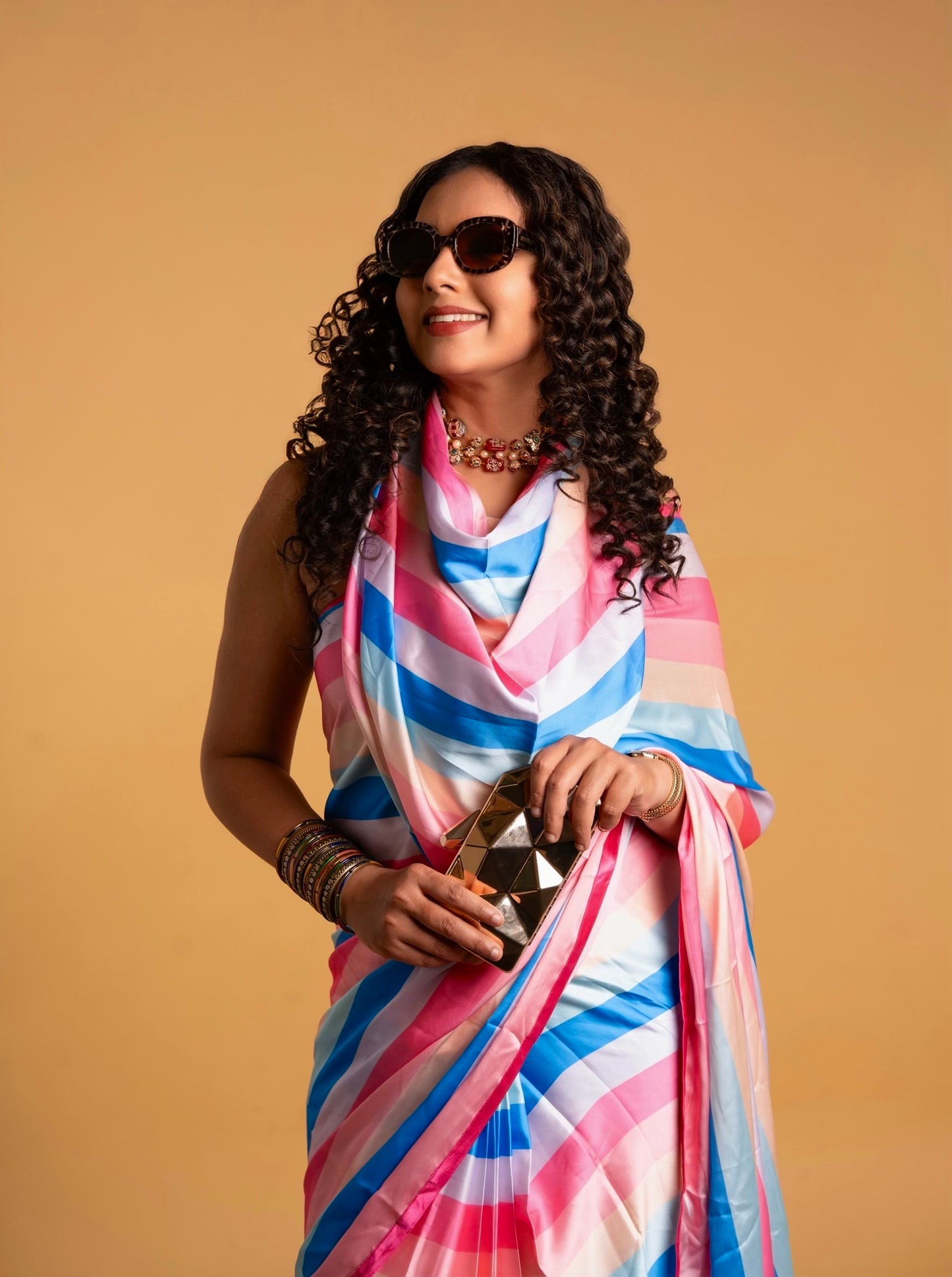 Multicolour Stripes Pattern with Pink Border READY TO WEAR Satin Saree