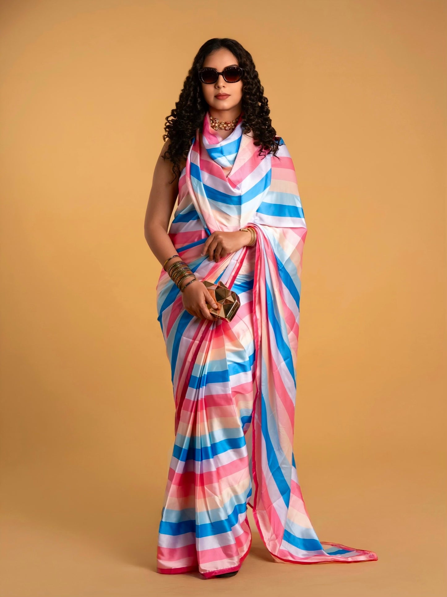 Multicolour Stripes Pattern with Pink Border READY TO WEAR Satin Saree